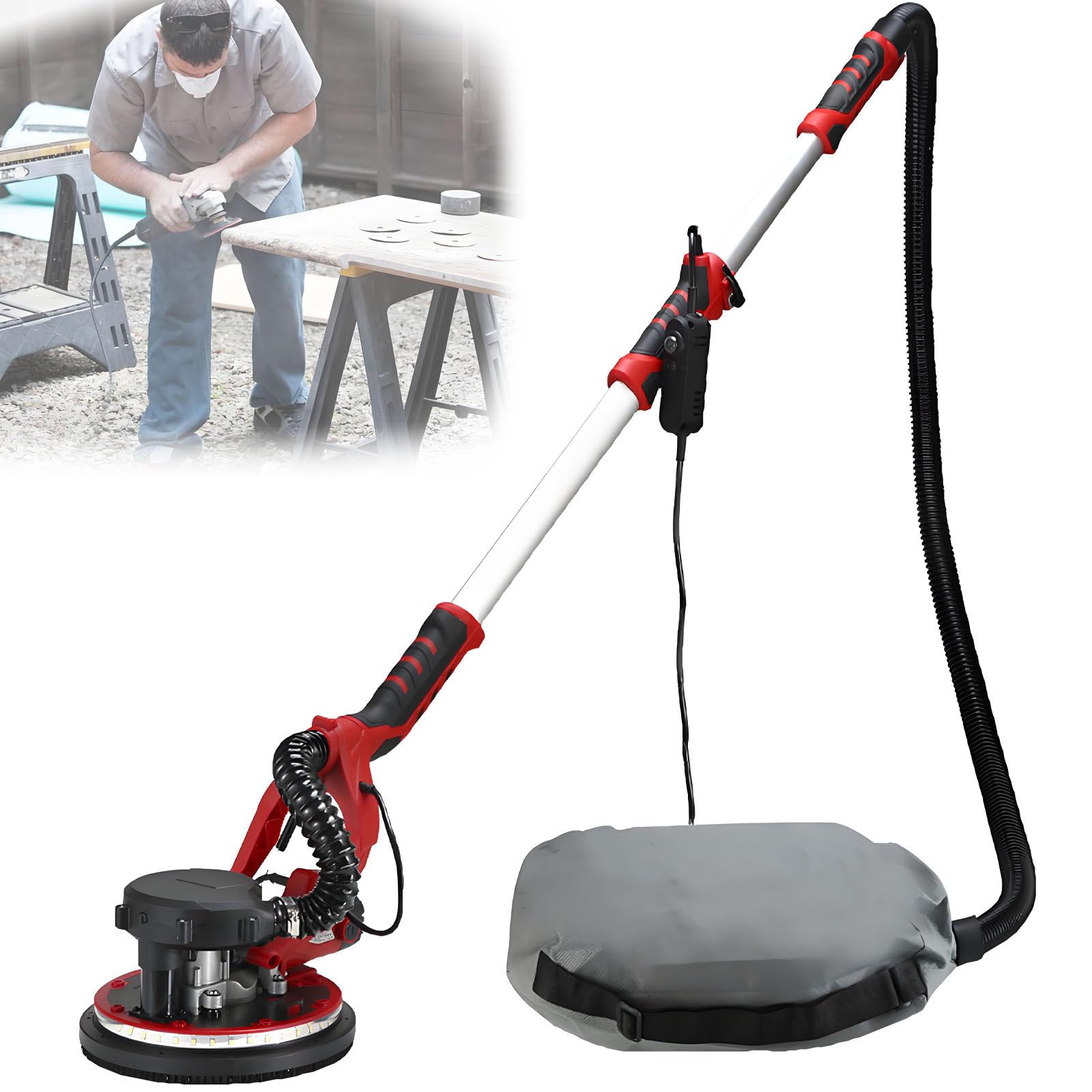 WDDBFL Wall Sander with LED Light, Electric Wall Sander 1390W, Long Rod Wall Polishing Machine Rated Speed 900-1200RPM, Detachable Sanding Pad, for Wall Polishing Sandingdiscs50pcs