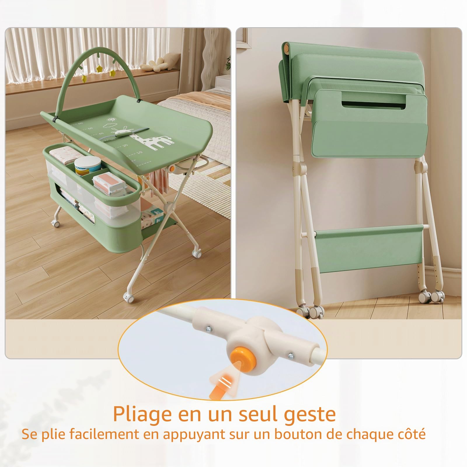 Table à Langer Mobile - Commode à Langer Pliable avec Panier de Rangement - Table à Langer pour Nouveau-nés et Tout-Petits - Réglage de la Hauteur à 5 Vitesses - Vert