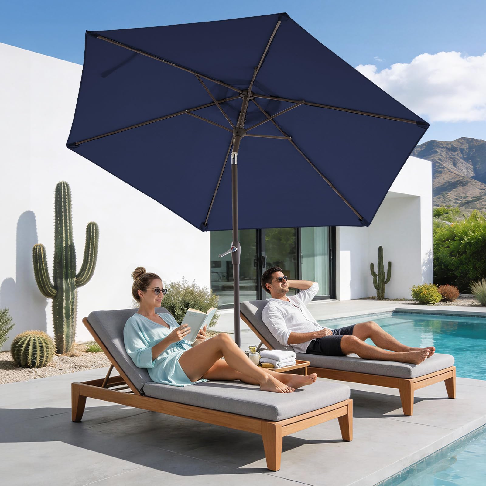 Palawano 2.3m Sonnenschirm, Neigbarer Gartenschirm mit Kurbel & Eisenmast, UV Schutz UPF 50+, Belüftetes Design, Sonnenschirm für Garten, Terrasse, Balkon & Strand, Marineblau