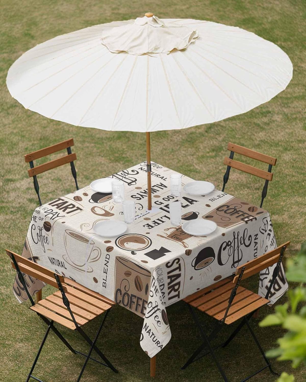Vintage Coffee Time Cups Brown Outdoor Square Tablecloth Zippered Table Cover with Umbrella Hole,Coffee Bean Drinks Waterproof Table Cloths for Patio Garden Picnic Tables,54x54in