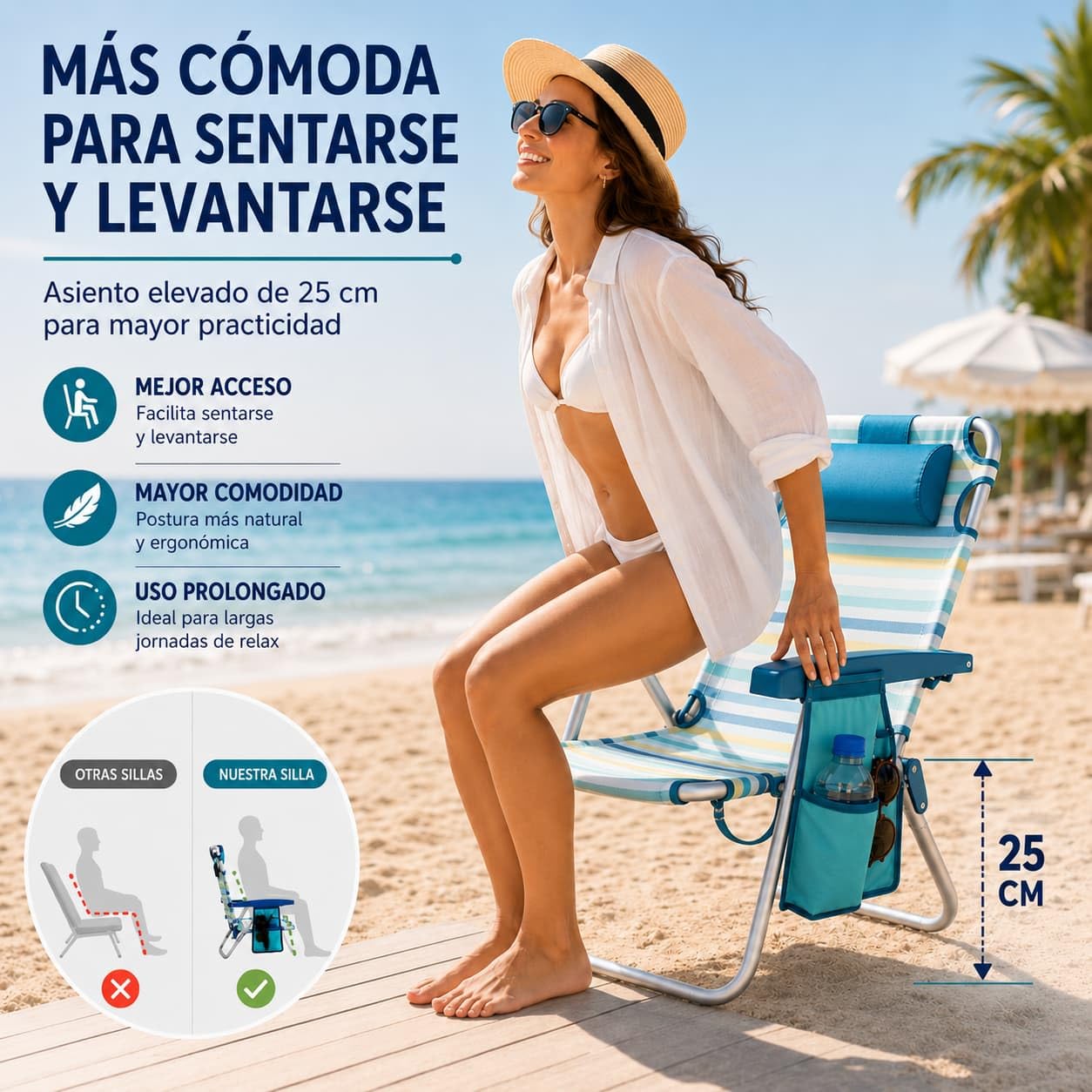 Silla Playa Plegable multiposición - con reposacabezas, Almohadilla y Bolso Lateral - Estructura de Aluminio Ligera y Tela Transpirable - Asas de Mano integradas