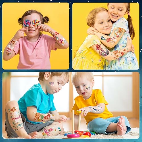 Miniatura 8 de Kit de tatuaje temporal de sirena, 32 estilos de tatuajes falsos de media manga completa, calcomanía de color degradado para niños, suministros de