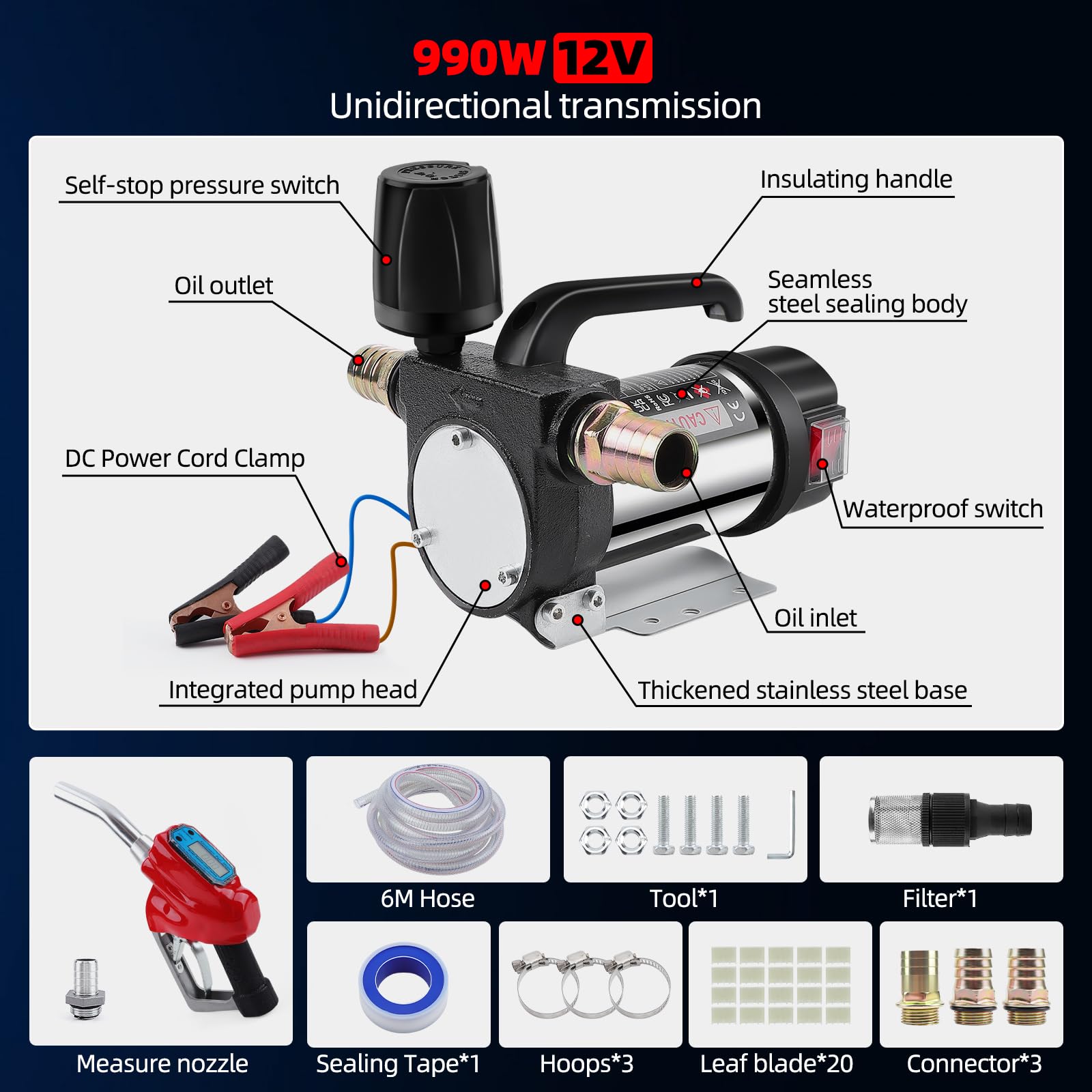KAOLALI Bomba de Transferencia de Diesel 12V 990W, Bomba de Transferencia de Combustible con Boquilla de Auto Apagado y Mangueras, Kit de Bomba Extractora Eléctrica de Transferencia de Autocebante