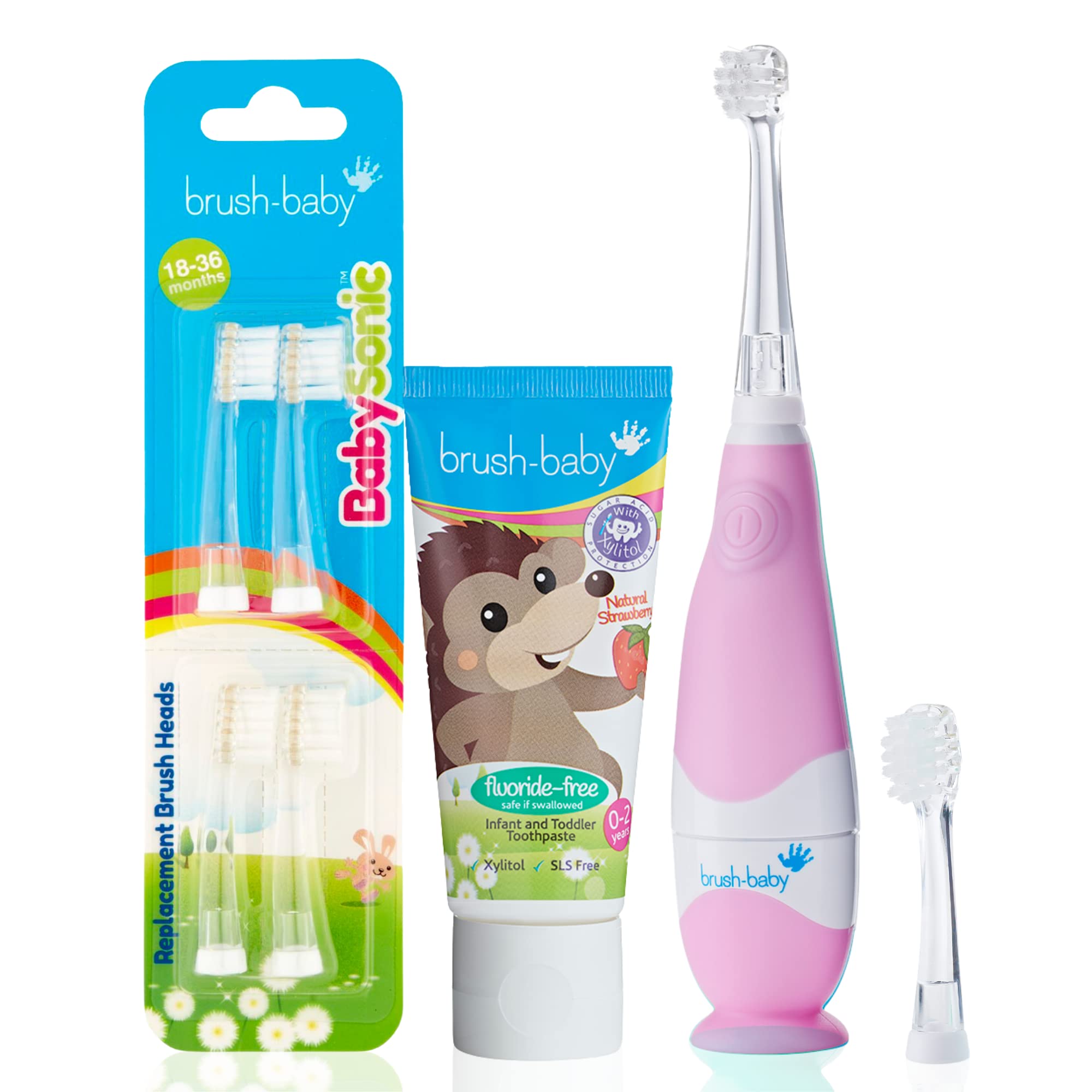 brush-baby BabySonic Pink Bundled with Fluoride-Free Strawberry Toothpaste and BabySonic 18-36 Month Replacement Brush Heads Pack of 4