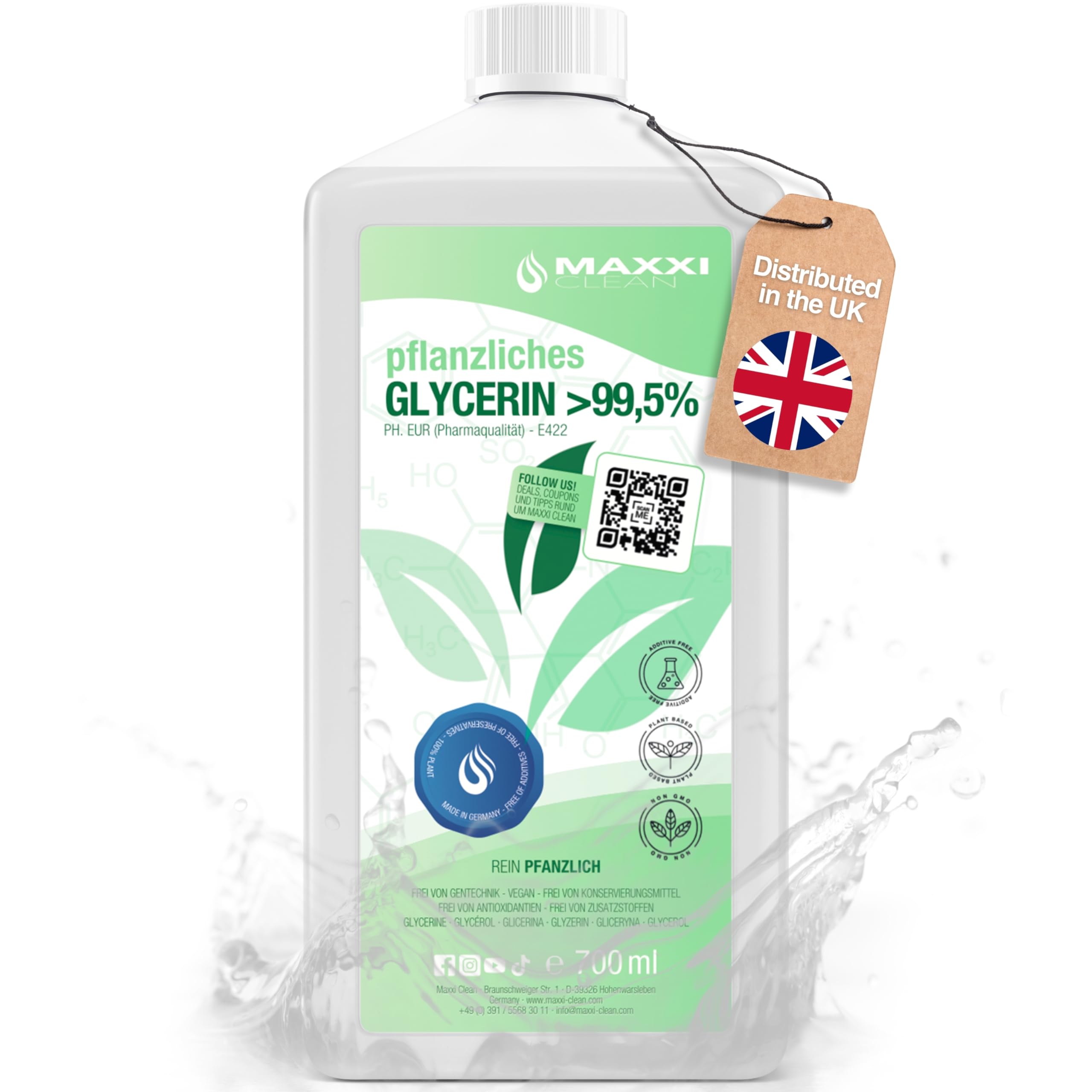 Maxxi Clean | 1x 700 ml Glycerin 99.5% | 100% plant-based & nourishing for cosmetics and DIY projects | E422 Pharmaceutical-grade Glycerol | Made in Germany | suitable for skincare