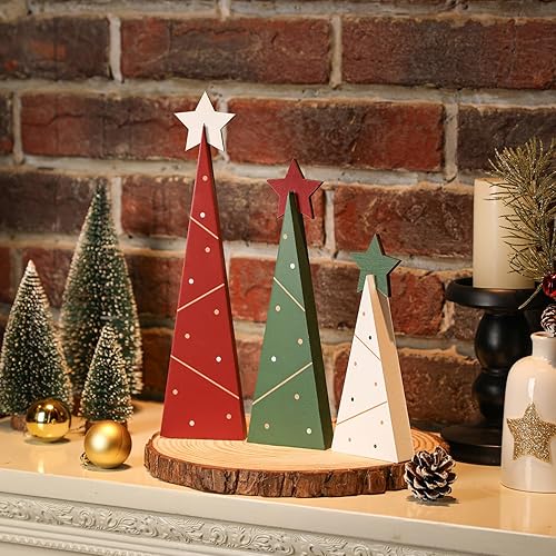 Miniatura 3 de Amorita Decoración rústica de Navidad de 3 piezas, árboles de Navidad de madera, decoración de mesa, árbol de madera independiente, centros de mesa