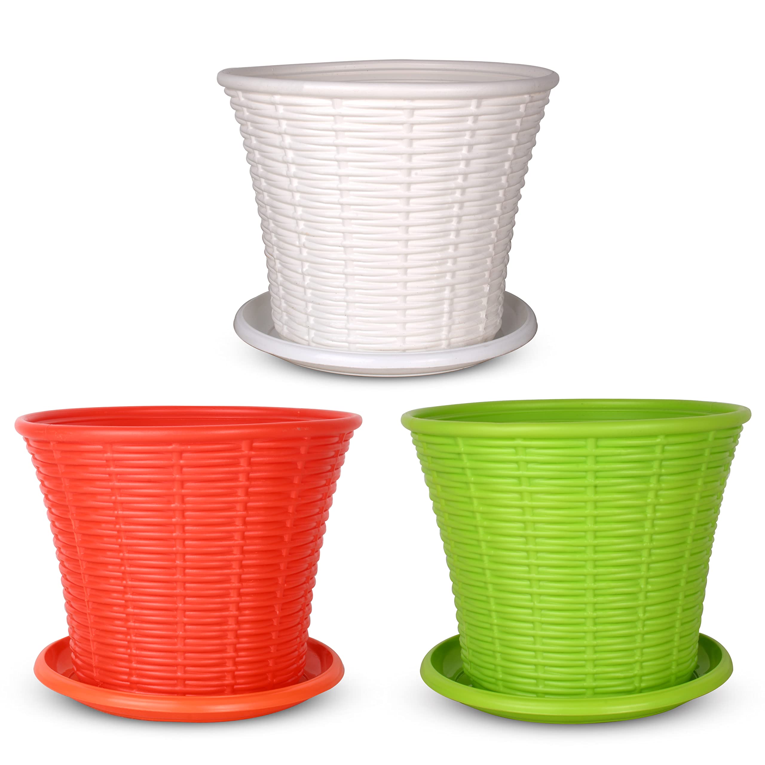 HINS Plastic Ratan Flower Plant Pot with Plate for 11 Inch Multicolor (Orange White Green Set of 3) for Indoor and Outdoor Gardening for Tool for Plants Garden Flowers Pot Gardening Gamla for Garden (B09M3W7FGW) Amazon Price History, Amazon Price Tracker