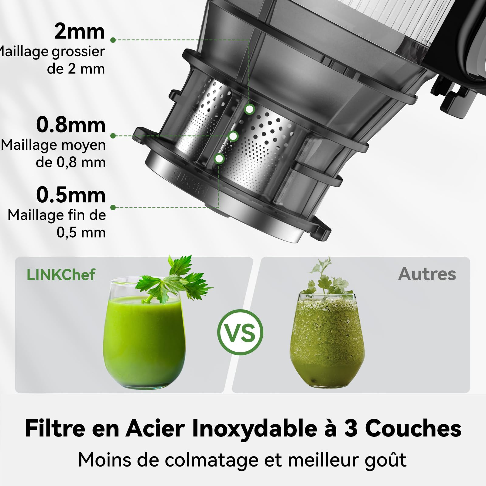 LINKChef Extracteur de Jus,Technologie De Pressage À Froid, Presse-agrumes lent Centrifugeuse, 130 mm Calibro, 250 W, Chambre1,8 L, Facile À Assembler, Pureté du Jus Élevée, Facile à Nettoyer