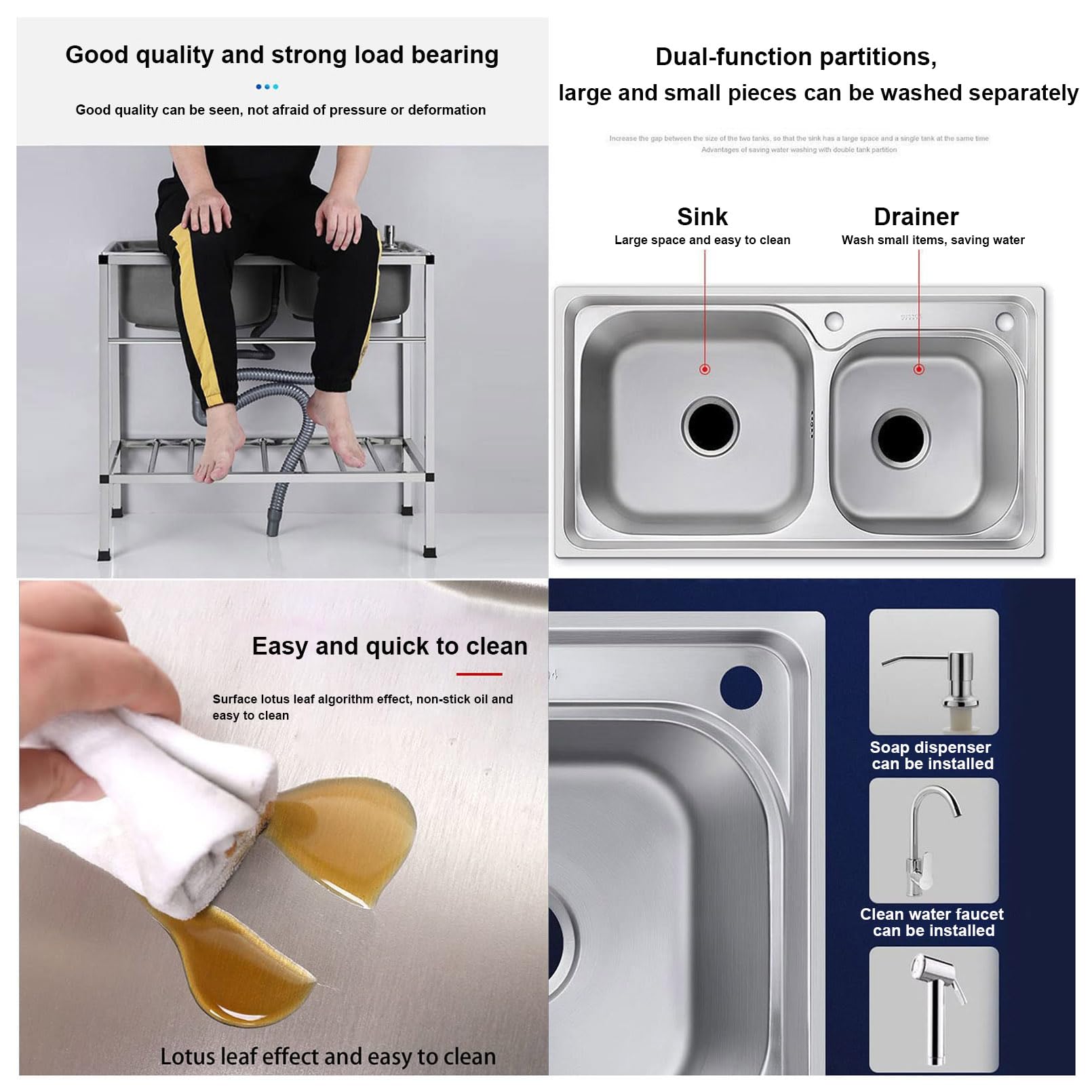 Lavello da Cucina Professionale, lavello a Doppia Vasca in Acciaio Inox autoportante con Staffa e Rubinetto per Acqua Calda e Fredda, Ideale per Bar, ristoranti e spazi Esterni.