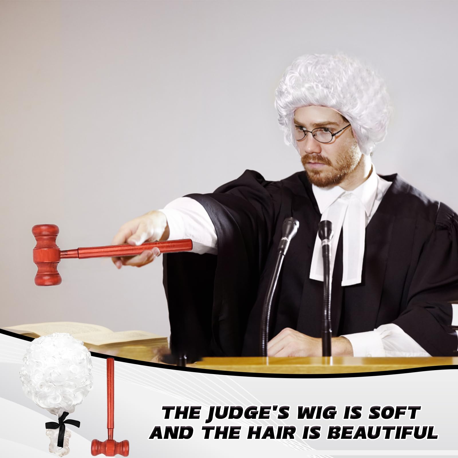 KSVFTB 2 Pcs Judge Costume Accessories, Judge Wig with Mini Wooden Judge Gavel - Image 4
