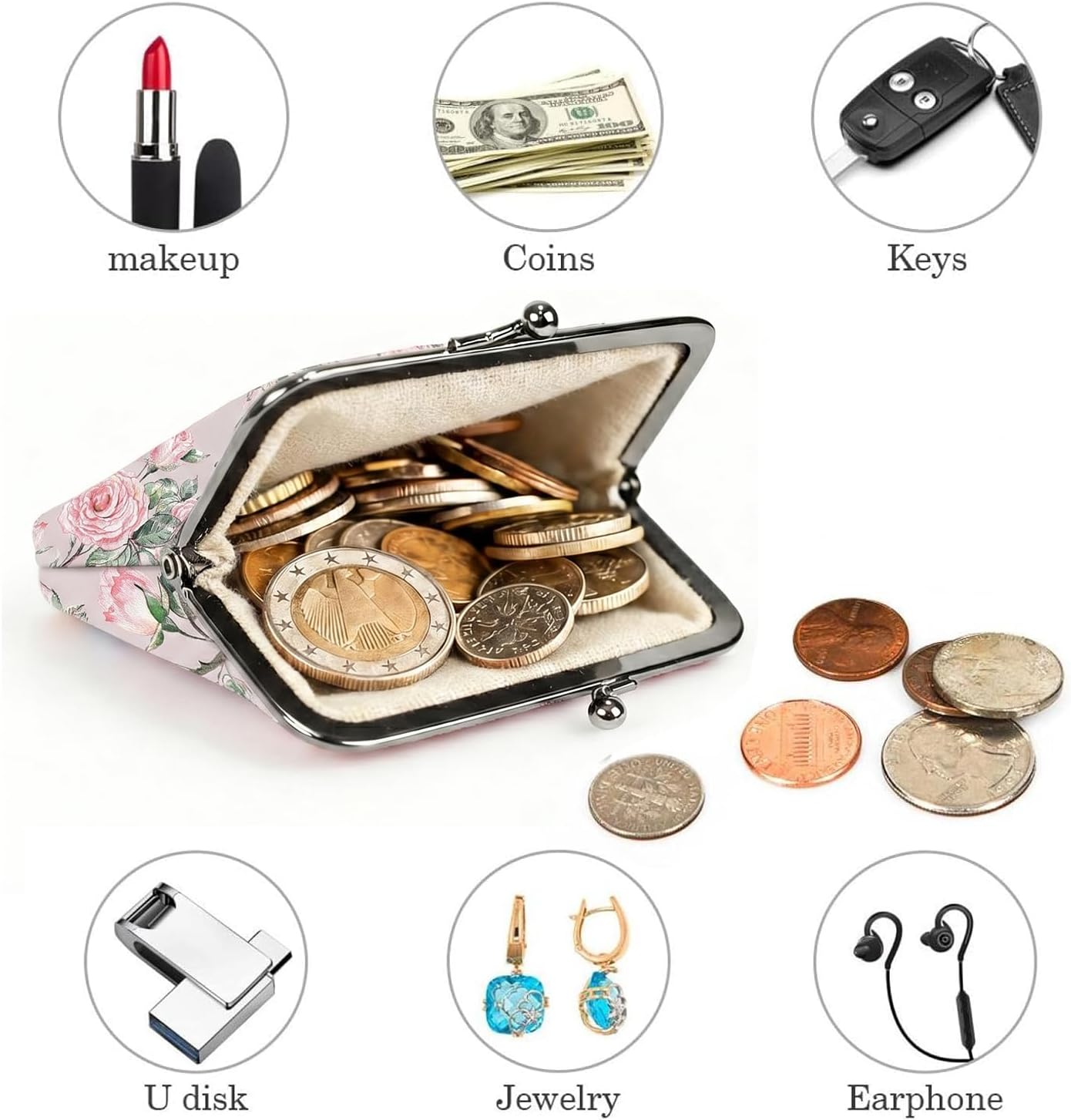 Cute Floral PU Leather Small Coin Purse Vintage Kiss-Lock Change Wallet Card Cases for Women Girl (Rose Pink)