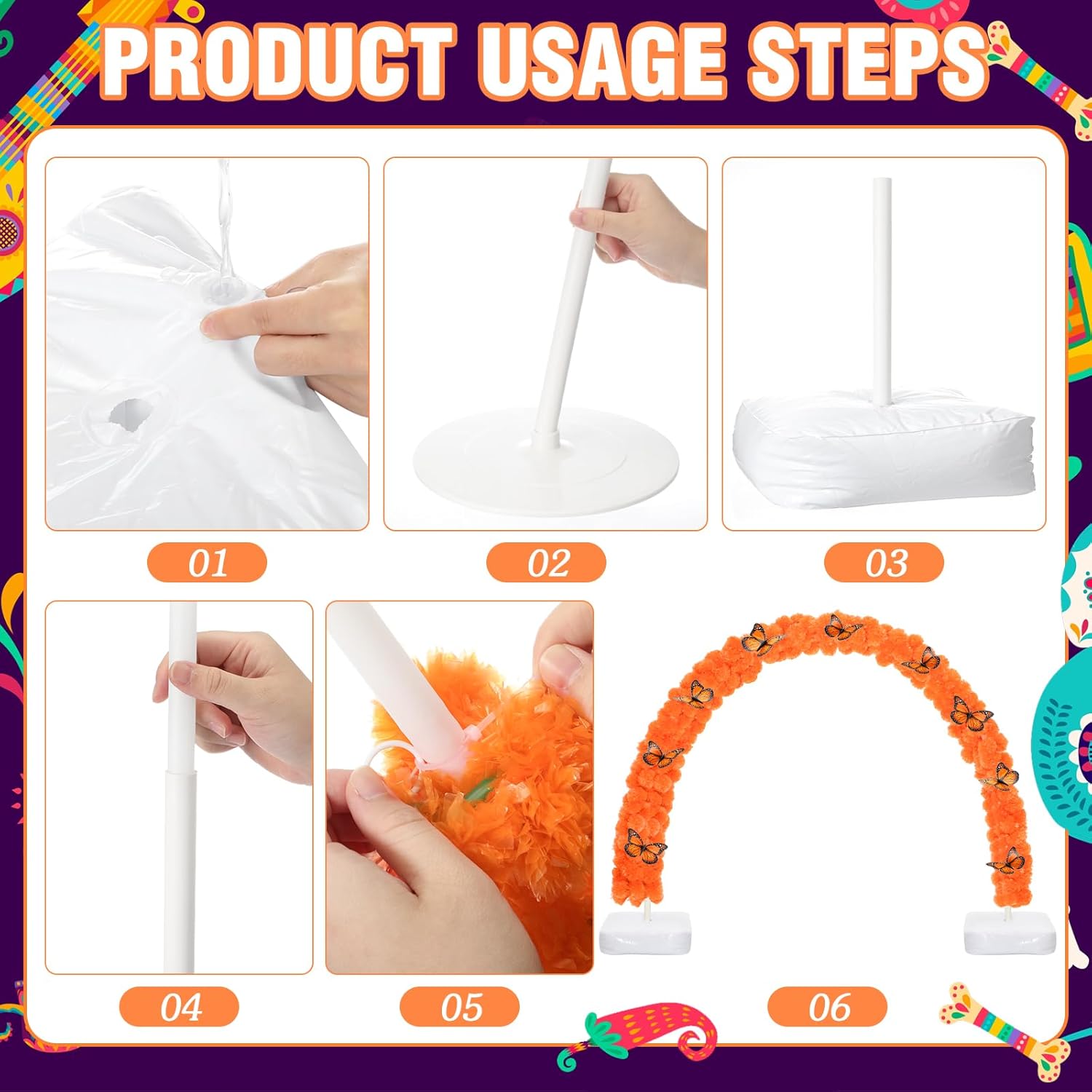 26pcs Day of The Dead Marigold Arch Set Includes Artificial Marigold Garland Arch 2 Fixing Brackets Plastic Ties and Simulated Monarch Butterfly for Day of The Dead Altar Table Decoration