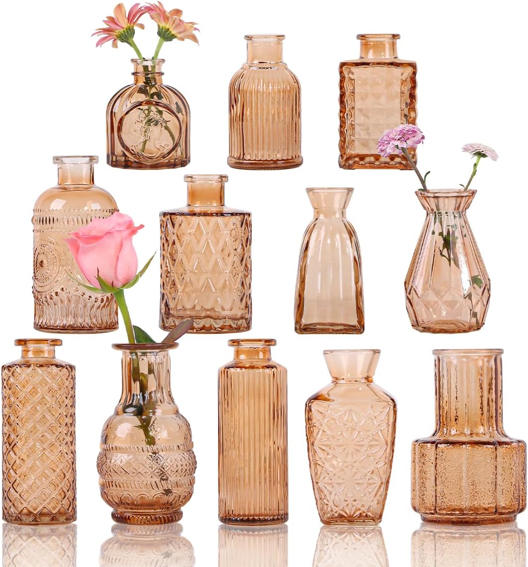 Glass Bud Vases Set of 12, Small Vases for Flowers, Amber Bud Vases in Bulk for Centerpieces Decor, Mini Vintage Vase for Rustic Home Wedding Table Decorations