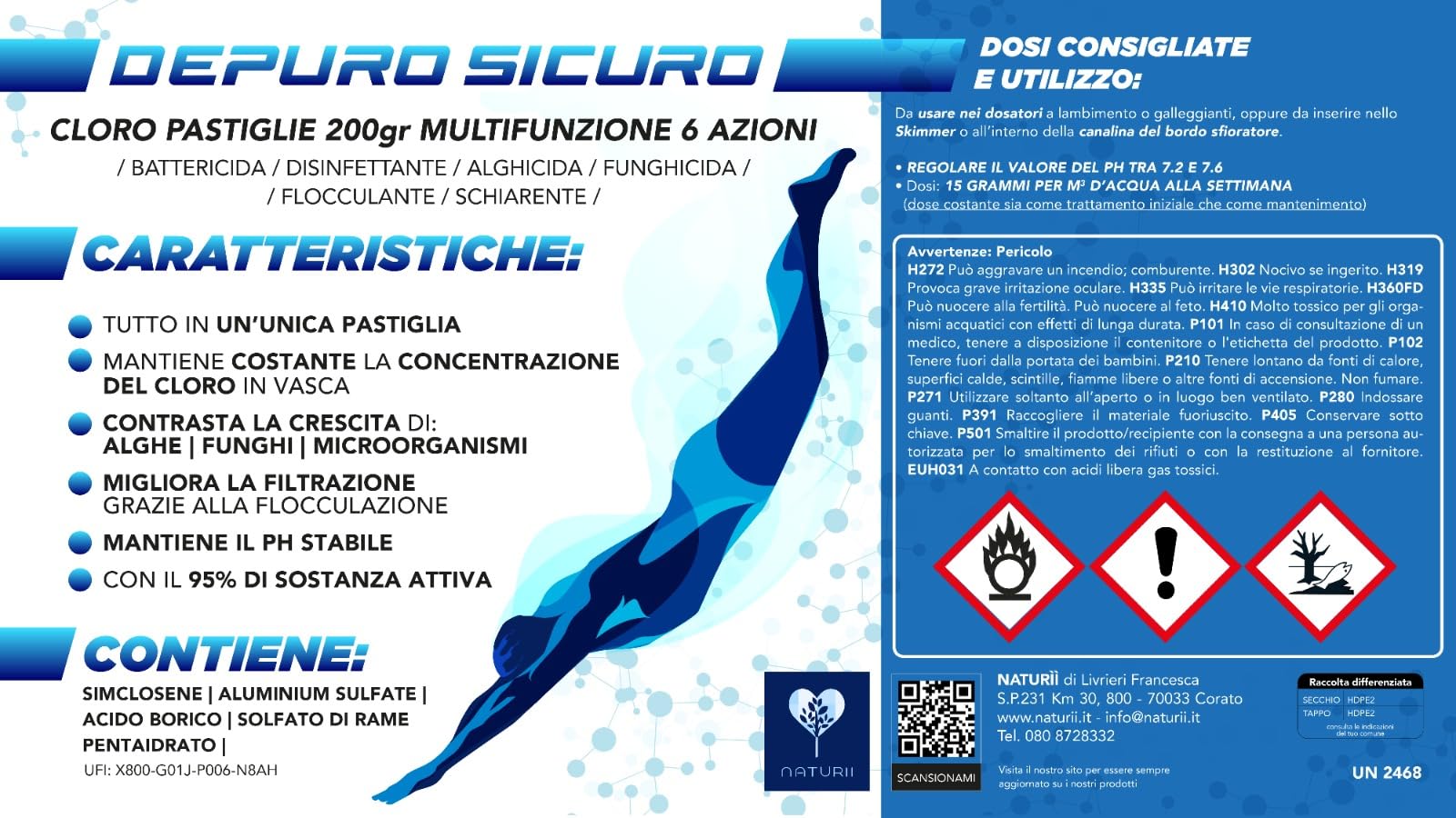 Naturii Cloro Multifunzione, Pastiglie 200 g Cloro Polifunzione Dicloro, Alghicida, Flocculante per Acqua Piscina kg 10 (1)