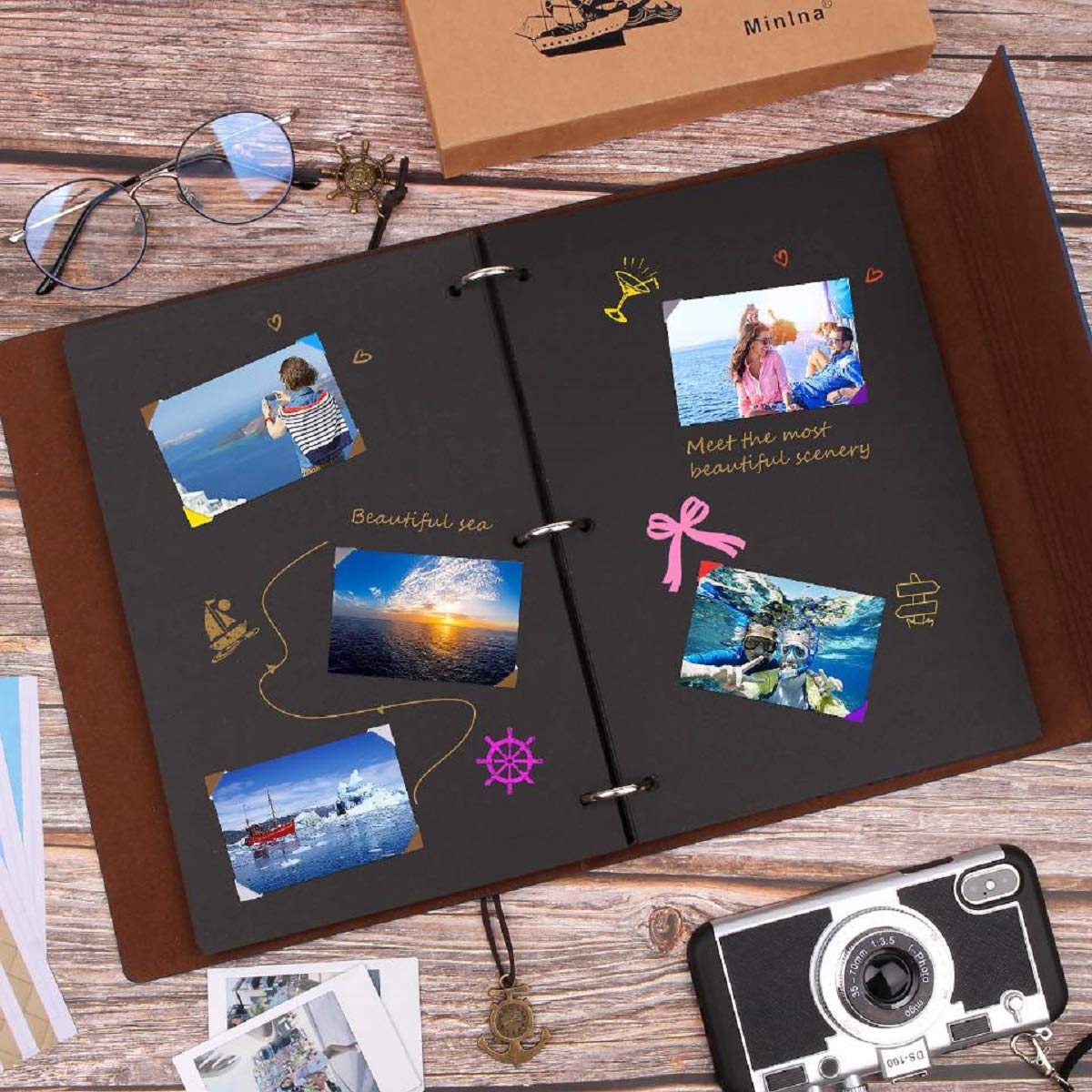 Album Photo Cuir Minlna DIY - Format 28x21cm - 60 Pages - Inclus Coins Photos Et Stylo - Bleu