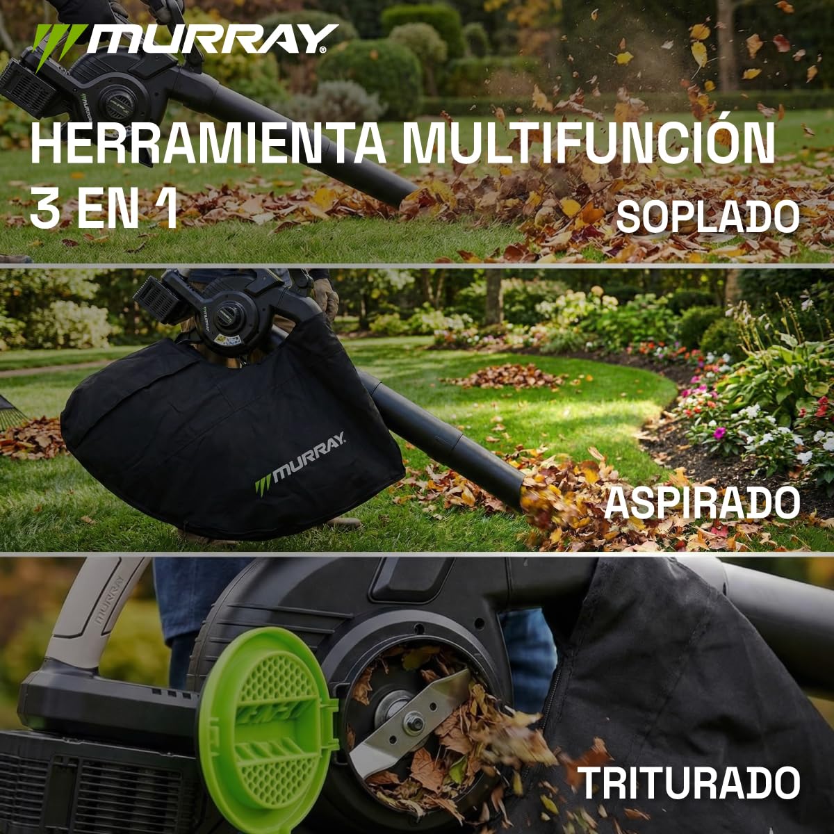 Murray Soplador y Aspirador de Hojas a Batería 20V 3 en 1 MU-BAT-VB270-KIT – Motor sin Escobillas, Control Inteligente, 4 Velocidades + Turbo, Bolsa de Polvo de 45L, Diseño de Montaje Rápido