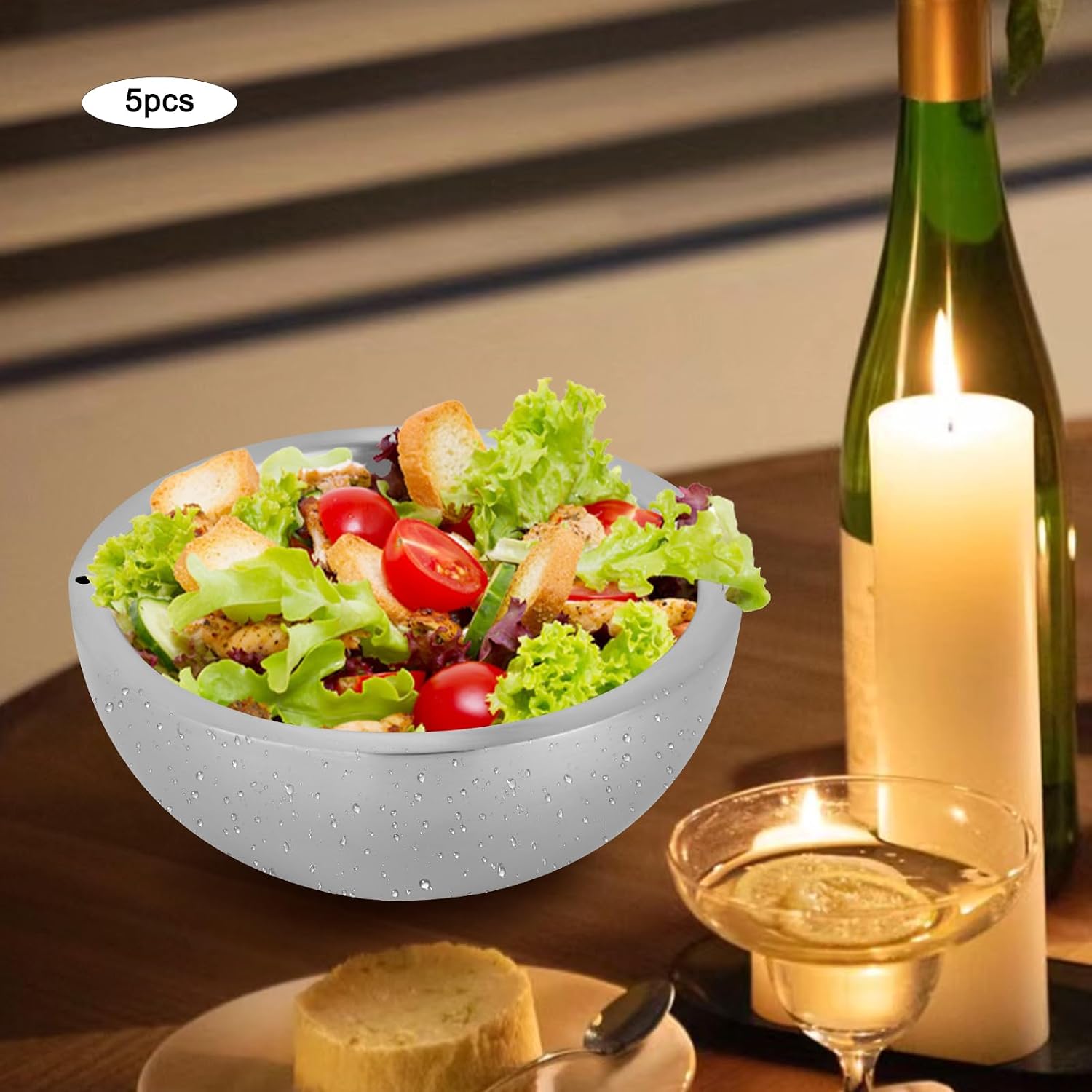 5 Pack 304 Stainless Steel Insulated Salad Bowl Set with Water Injection Holes 33.8 Oz 6.69 Inch Double Wall for Rice Dip Oatmeal Sauce Baby Food Ice Cream Popcorn for Party Camping Picnic Restaurant