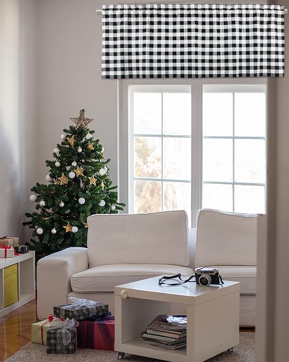 Buffalo Black and White Check Kitchen Window Valance 2 Pack Half Short Gingham Plaid Farmhouse Textured Curtain 18x52 Inch Rod Pocket