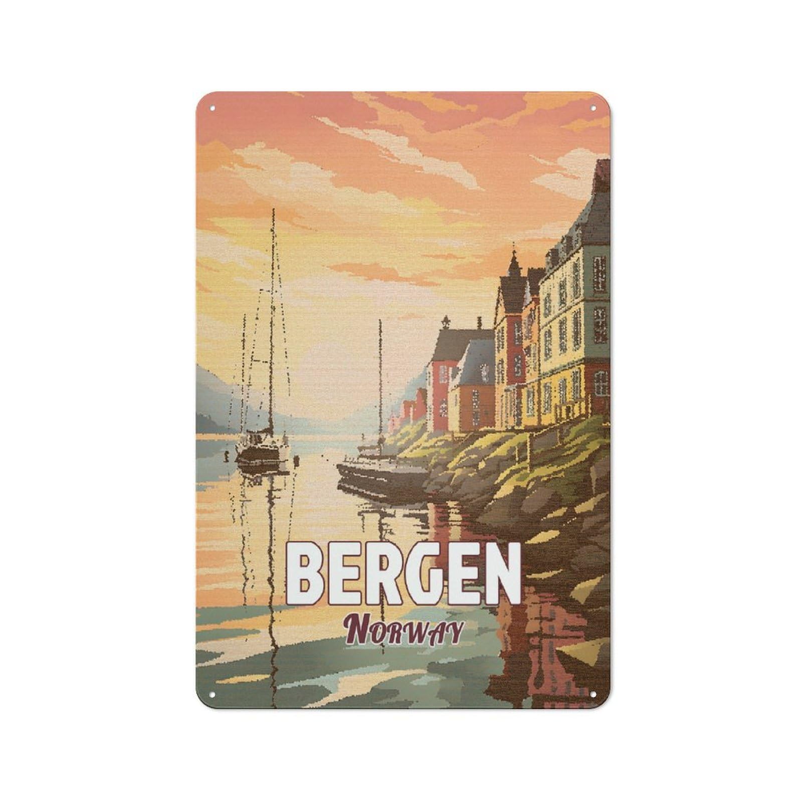 Junmoney Style Bergen Norway Mosaic Printed Metal Sign 30X20cm For Guest Room Or Hallway, For Kitchen, Dining Room And Home Bar Wall Decor