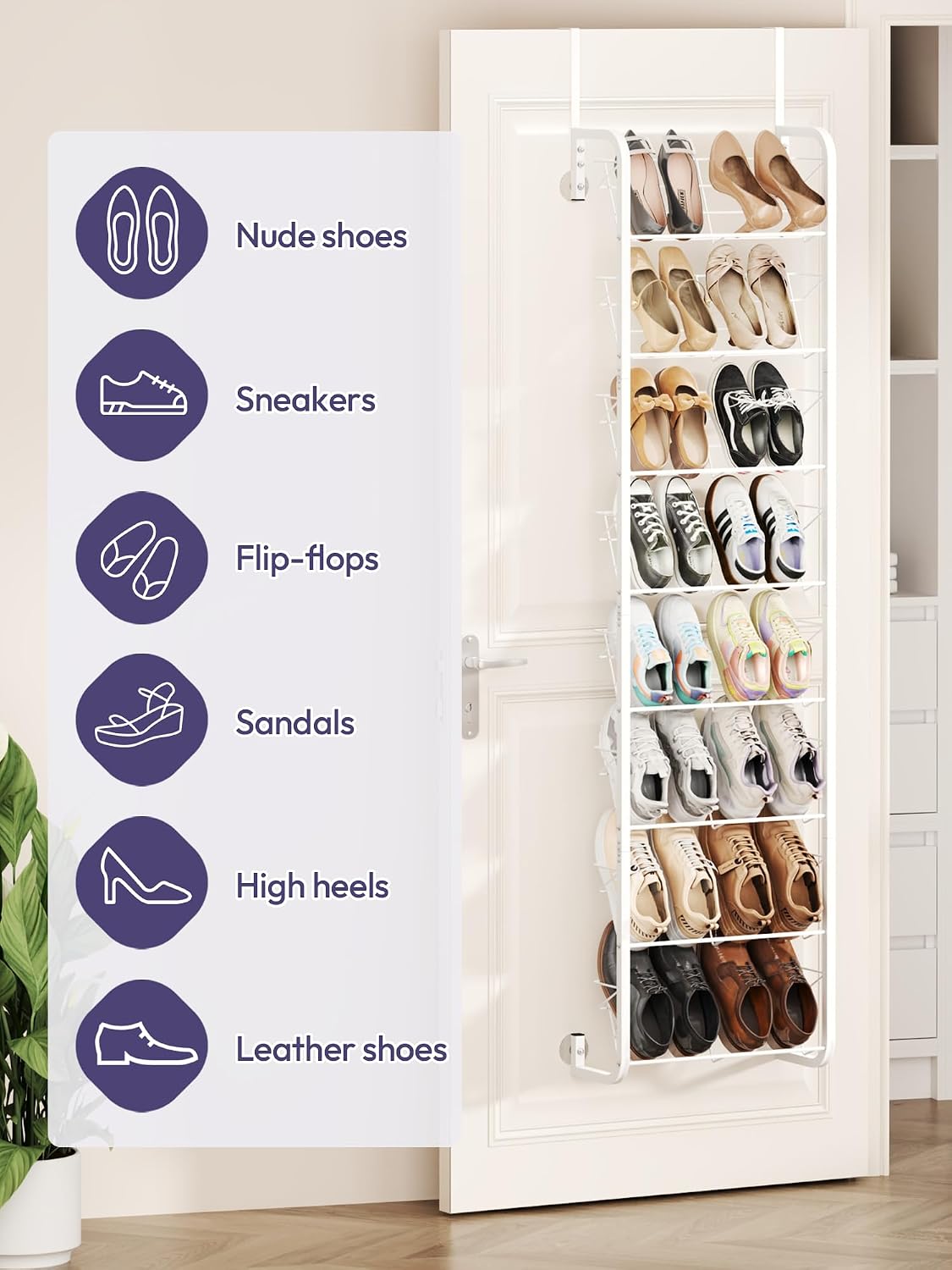 SWTYMIKI Over the Door Shoe Organizer - 8 Tier Wall Mount Shoe Rack for Door Storage- Heavy Duty Metal Hanging Shoes Shelf for Flats, Heels, Sneakers, Boots White