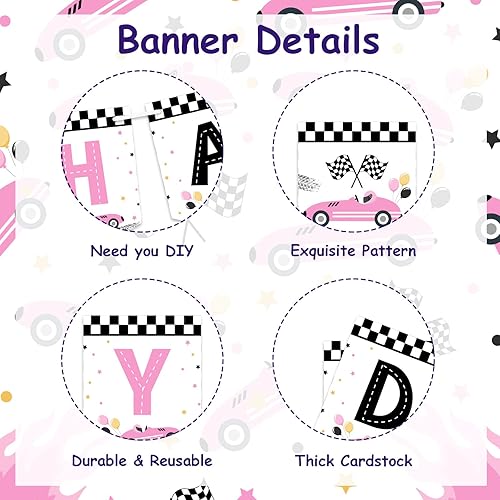 Miniatura 4 de Sursurprise Decoraciones de cumpleaños de coche de carreras para niñas, pancarta de feliz cumpleaños de coche de carreras, color rosa, suministros