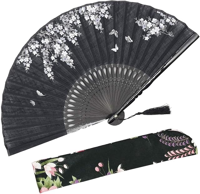 OMyTea "Sakura Love" Folding Hand Held Fan for Women - With a Fabric Sleeve for Protection - Chinese / Japanese Vintage Retro Style for Wedding, Dancing, Church, Party, Gifts (Black)