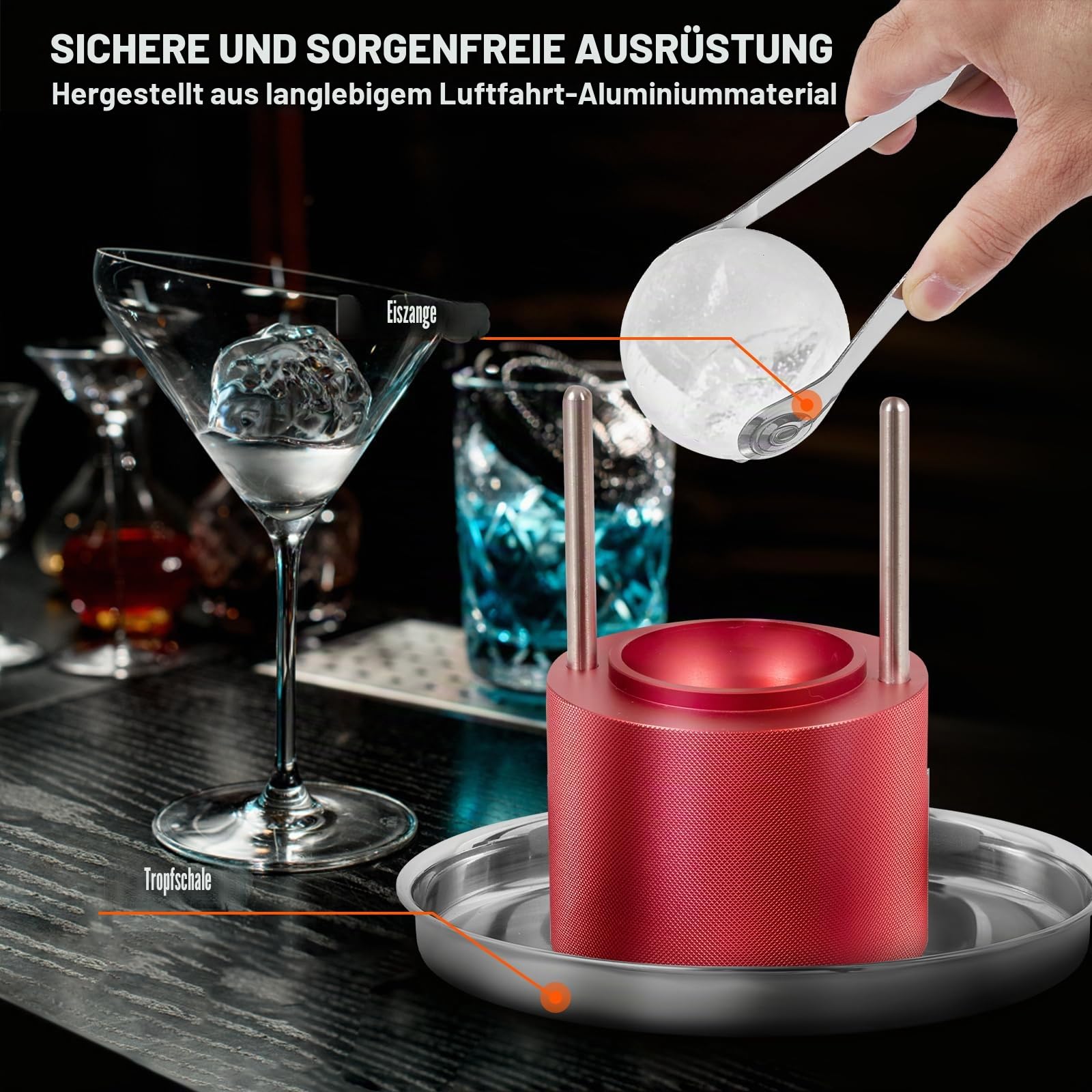 VEVOR Ice Ball Maker Eiskugelpresse Satz 60 mm, Eiswürfelform Eiskugelform mit Eiszange & Tropfschale, Alu Rote Strapazierfähige Eiswürfelformen Eiswürfelbehälter Whisky Americano, Saft & Milch