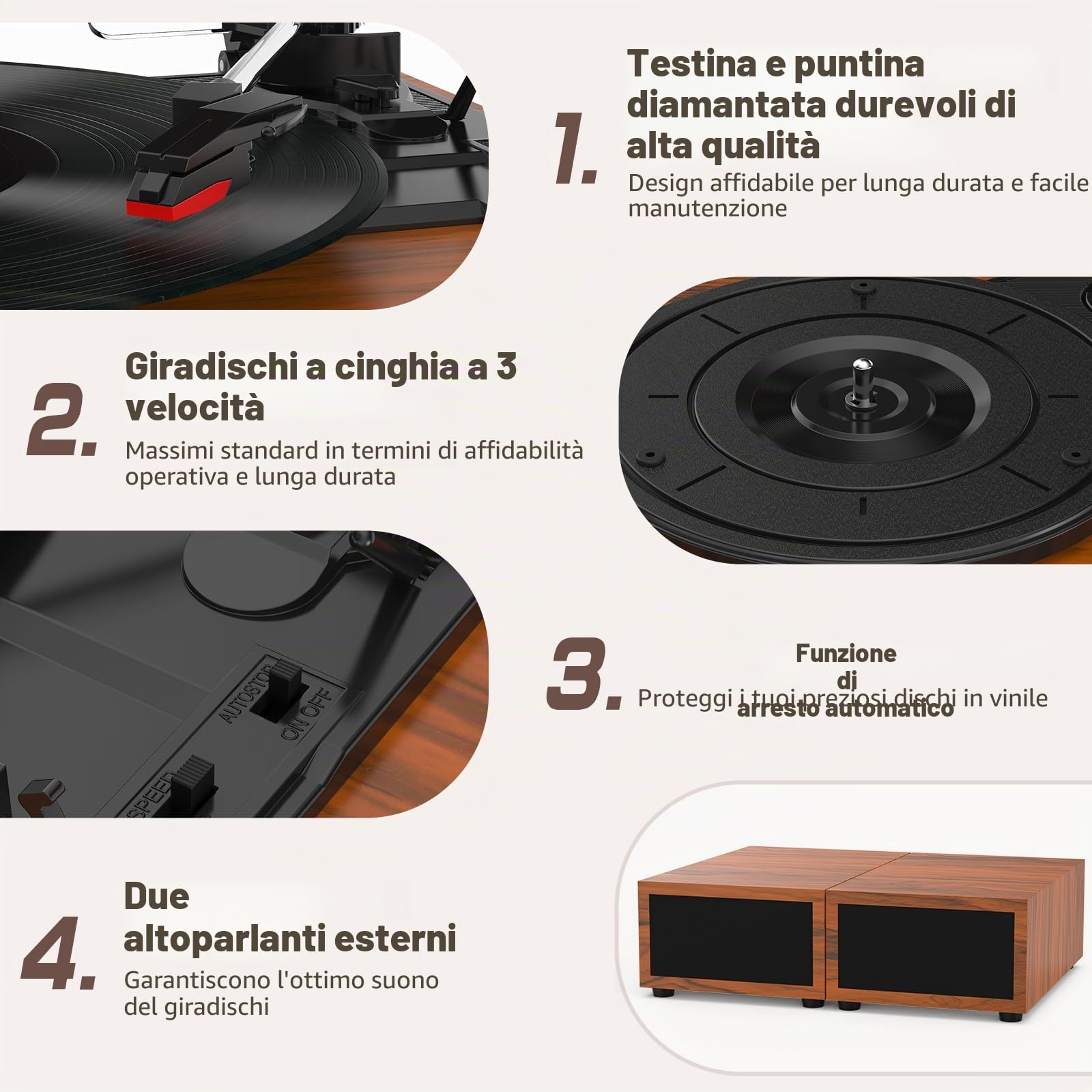 Udreamer Giradischi Vintage Bluetooth 5.3 con 2 Altoparlanti Stereo, 3 Velocità, AUX-in, RCA, USB, Marrone