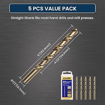 LU&MN M35 Jobber Drill Bits, 1/2, 5 Pcs