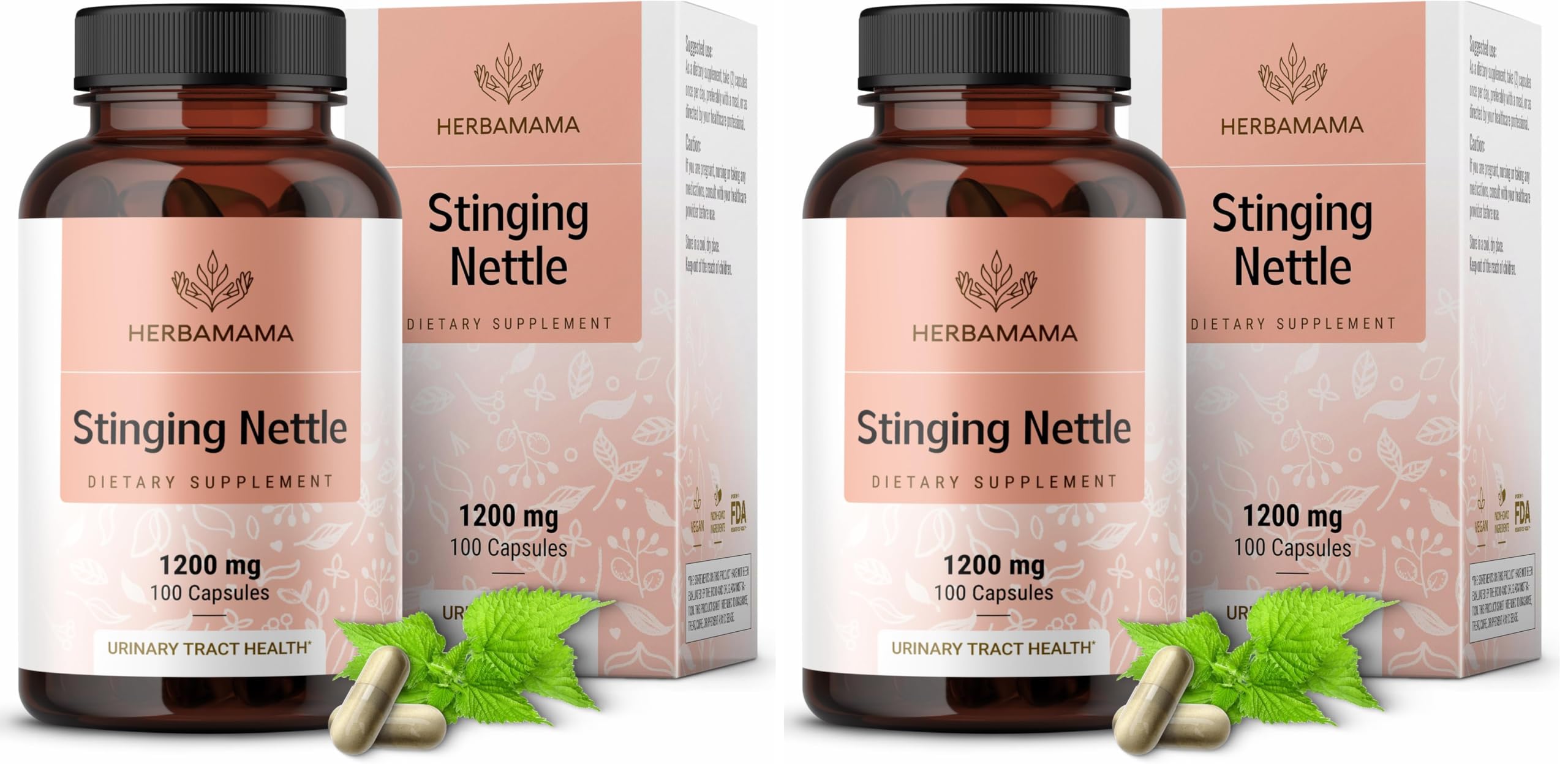 HERBAMAMA Stinging Nettle Capsules - 1200mg Stinging Nettle Root Extract for Urinary Tract Support - Vegan, Non-GMO Urtica Dioica Supplement (Pack of 2) 100 Count (Pack of 2)