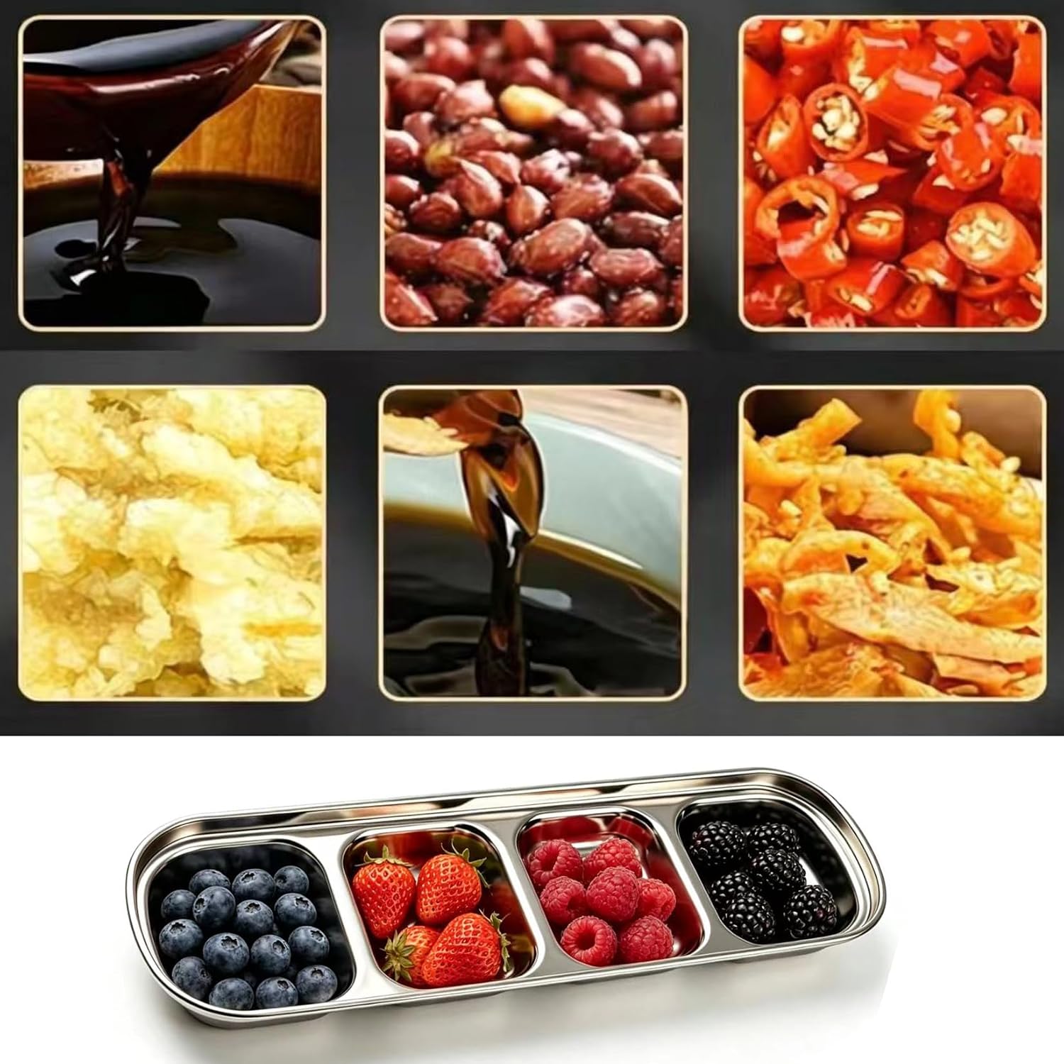 4 Pcs Stainless Steel 4-Compartment Condiment Tray – Korean Style Soy Sauce Dish for BBQ, Banchan, Spices, Salt, Sugar – Stackable Divided Server for Home & Restaurant Use