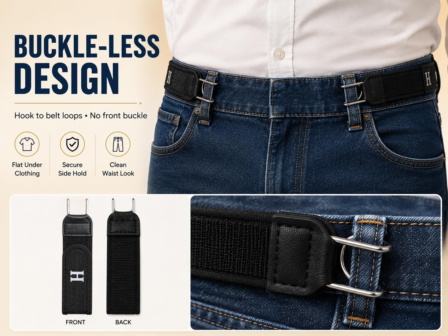HEAVY DRIVER 2PCS Buckleless Belt Hook Set | Elastic Waistband Adjuster with Metal Hook & Hook Loop Closure for Jeans, Trousers, Workwear, Casual Wear & Daily Use, Black 4