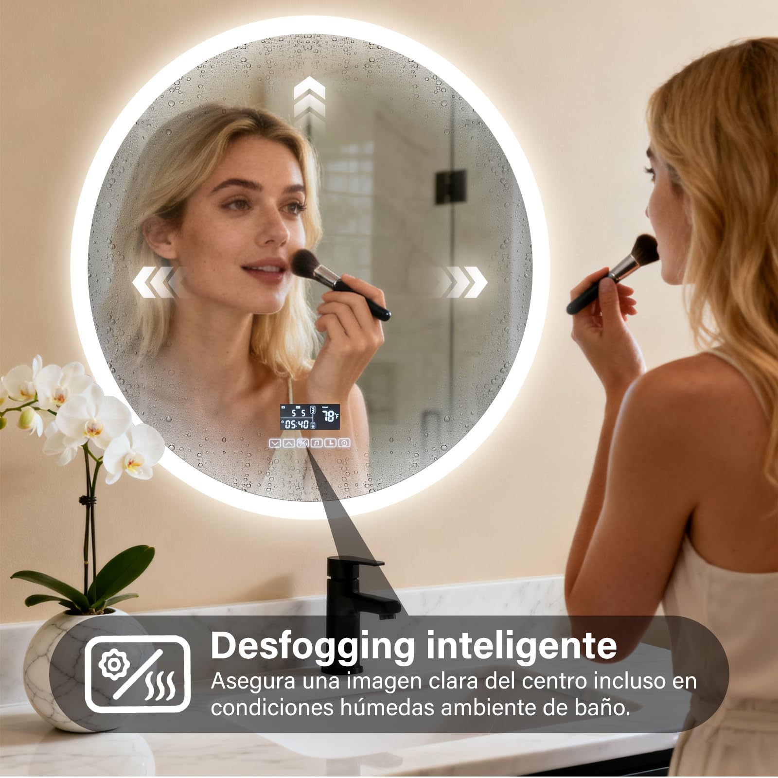 Genérico Espejo de Pared para baño LED Redondos 60x60CM con Interruptor táctil de iluminación y antivaho, Espejo de Pared con 3 Colores de luz Ajustables [Clase energética E]