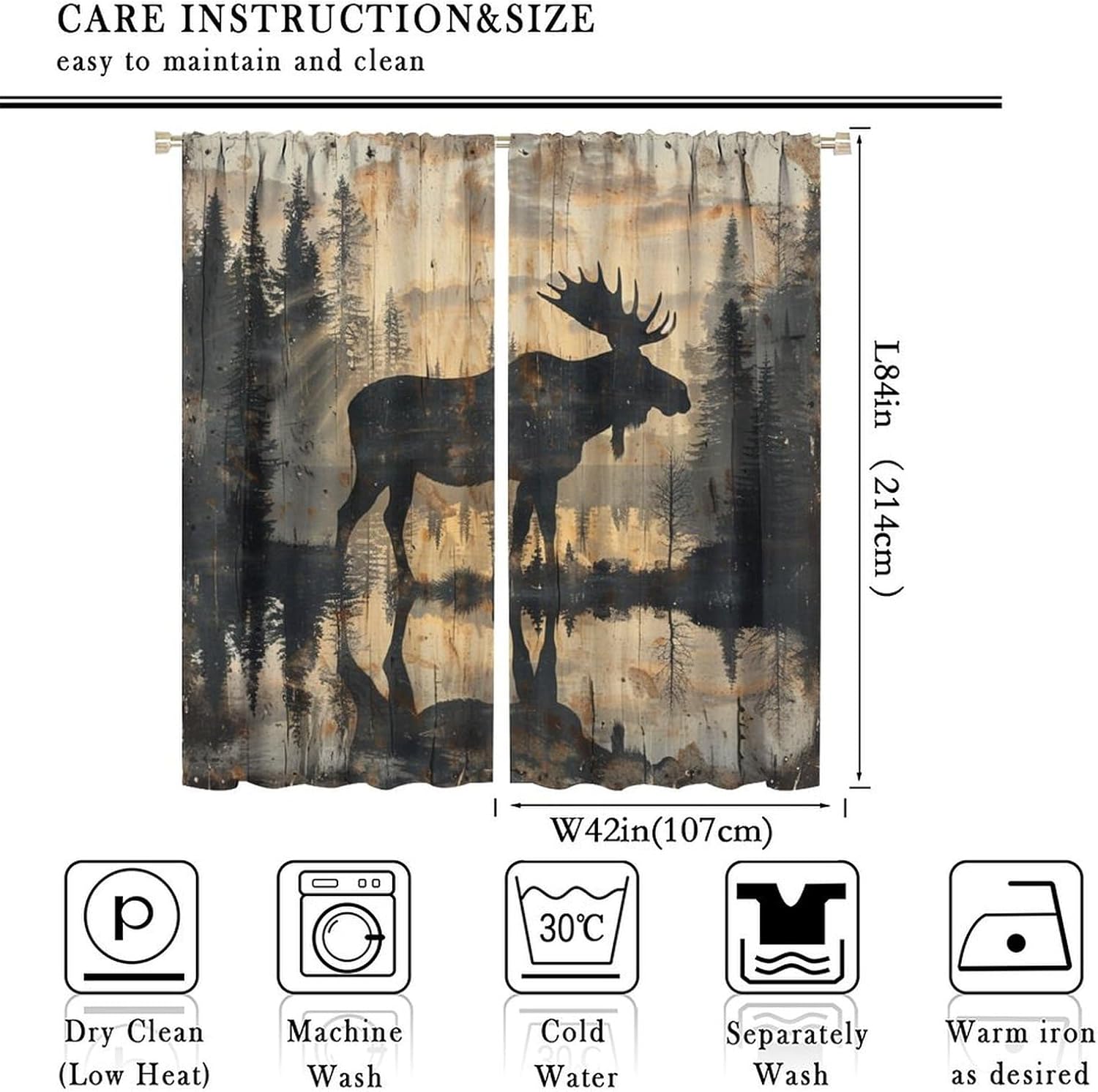 Rustic Forest Moose Blackout Curtains for Bedroom Living Room, Retro Wood Grain Deer Silhouette Curtains Rod Pocket Thermal Insulated Window Drapes, 2 Panels/Each 42" W x 84" L