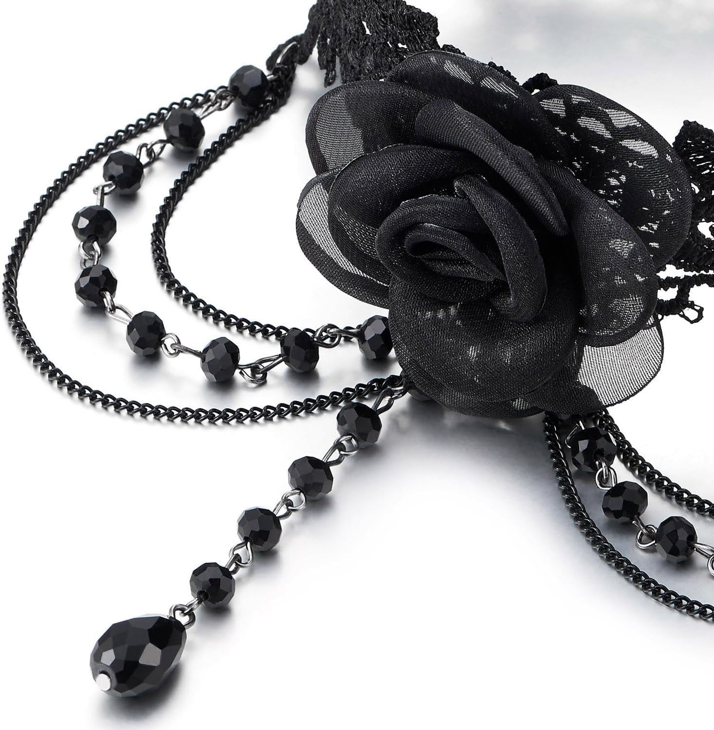COOLSTEELANDBEYOND Black Rose Gothic Choker Necklace Victorian Lace Design with Beads Retro Costume Statement Jewelry - Image 2