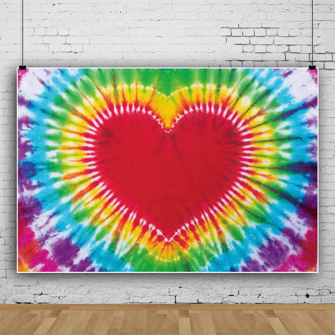 Renaiss 7x5ft Colorful Tie Dye Backdrop Rainbow Heart Love Wins LGBT Photography Background Psychedelic Tie Dye Theme Birthday Party Decor 60s 70s Hippie Groovy Peace Love Banner Photo Booth Props