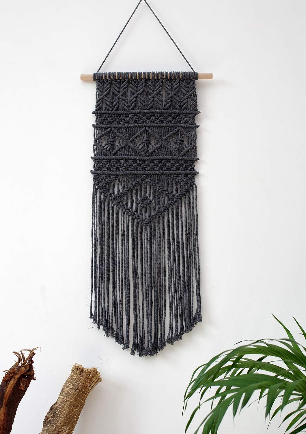 Favibes Macrame Woven Wall Hanging, Modern Geometric Boho Chic Bohemian Home House Living Room, Bedroom, Dorm Room, Apartment, Gallery Wall Art Decor, 12" W x 25" L, Dark Grey