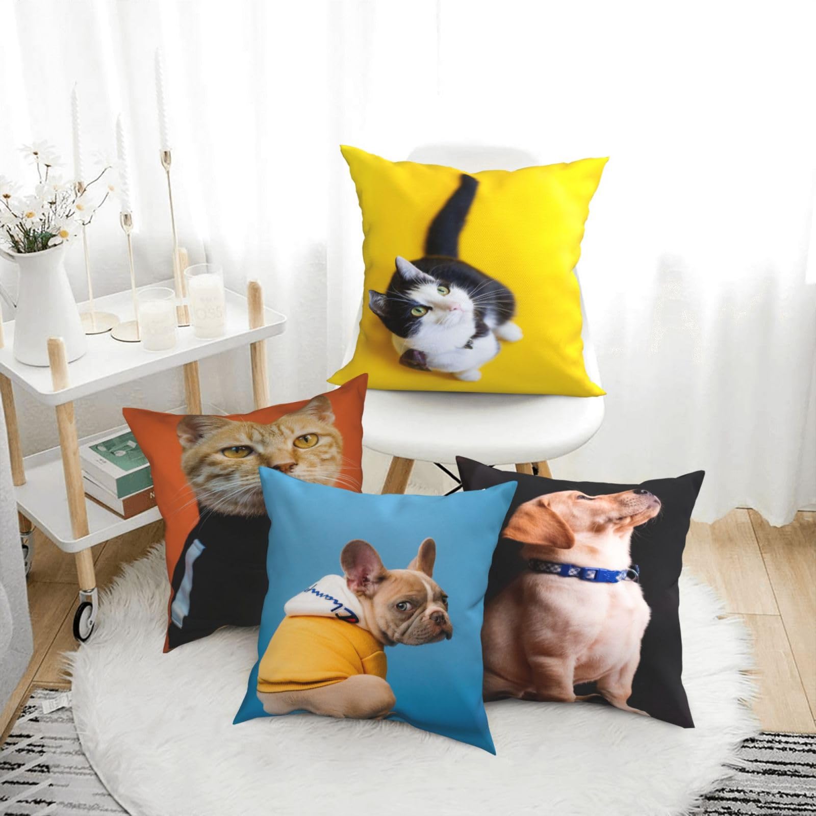 Fundas de Cojines Juego de 4 65x65cm Funda Cojin Lino Animales Cojines Decoracion Perros Fundas de Cojín Cuadradas Impresión Doble Cara con Cremallera Oculta,para Sofá Cama Decoración Hogar26x26in