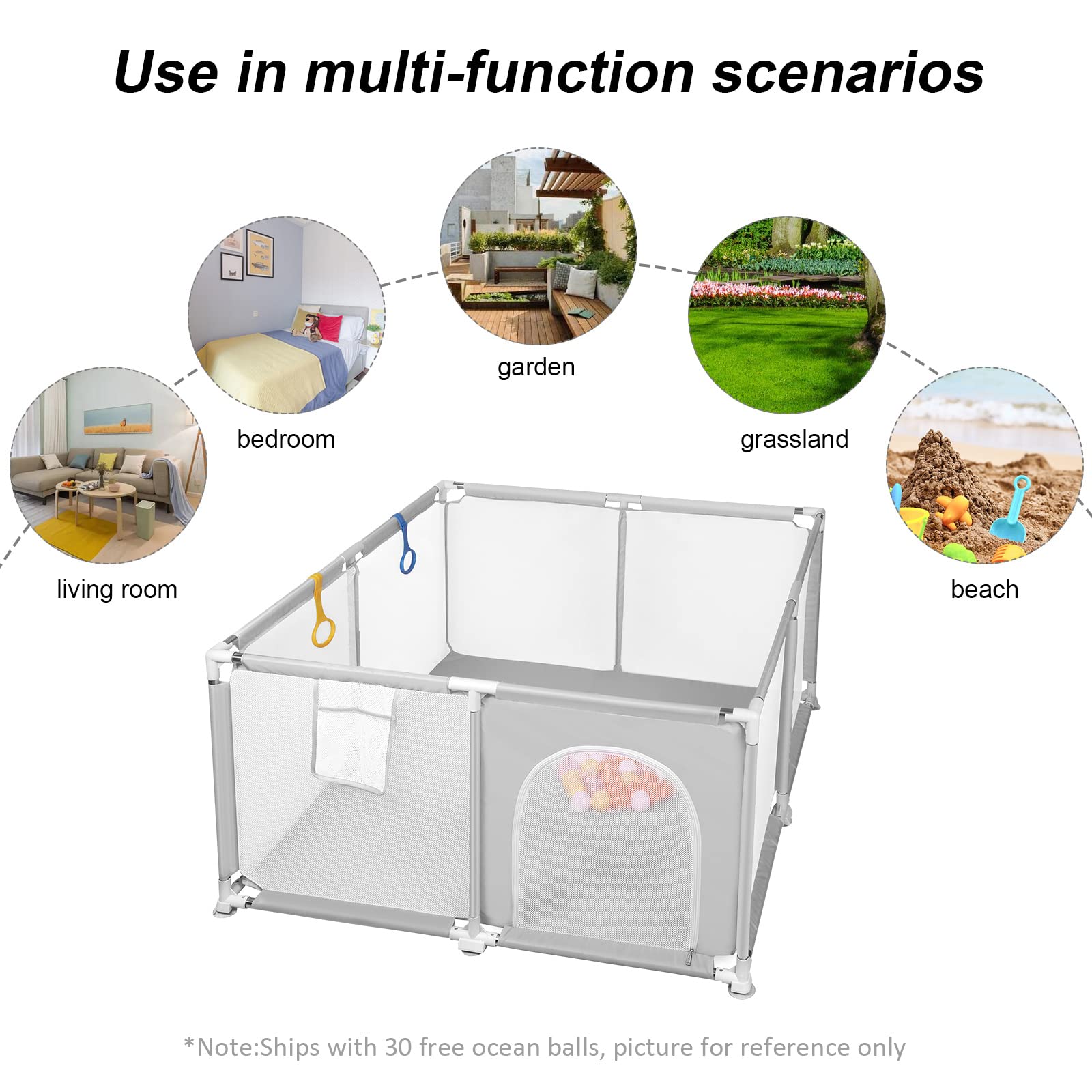 Parc Bébé Démontable Lavable avec 30 Balles, 120x120 cm, Intérieur Extérieur, Grille Protection Gris