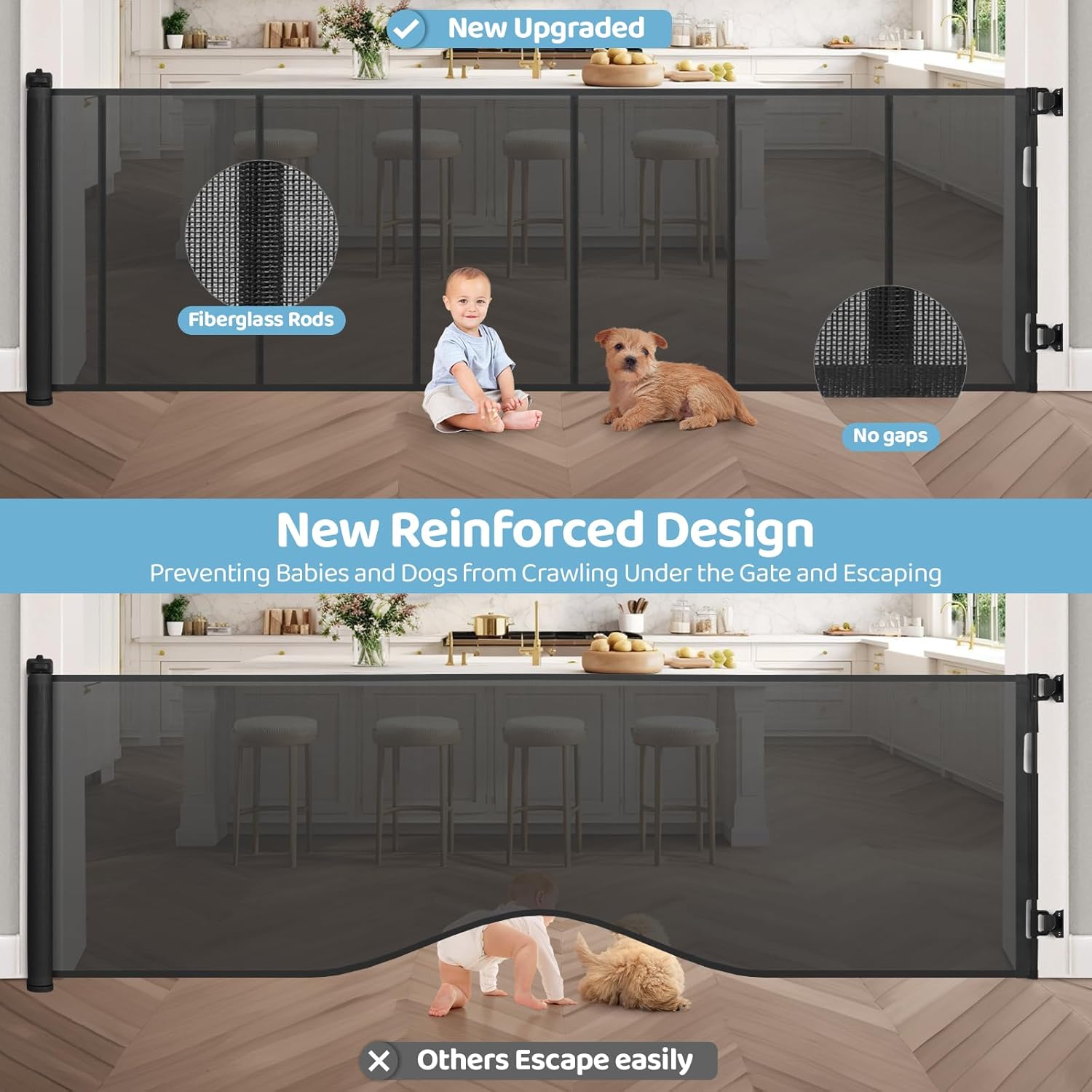 120 Inch Extra Wide Retractable Baby Gate for Large Opening, 33” Tall, Upgraded Dog Gate with Fiberglass Rods for Doorways, Indoor & Outdoor and Stairs, Black