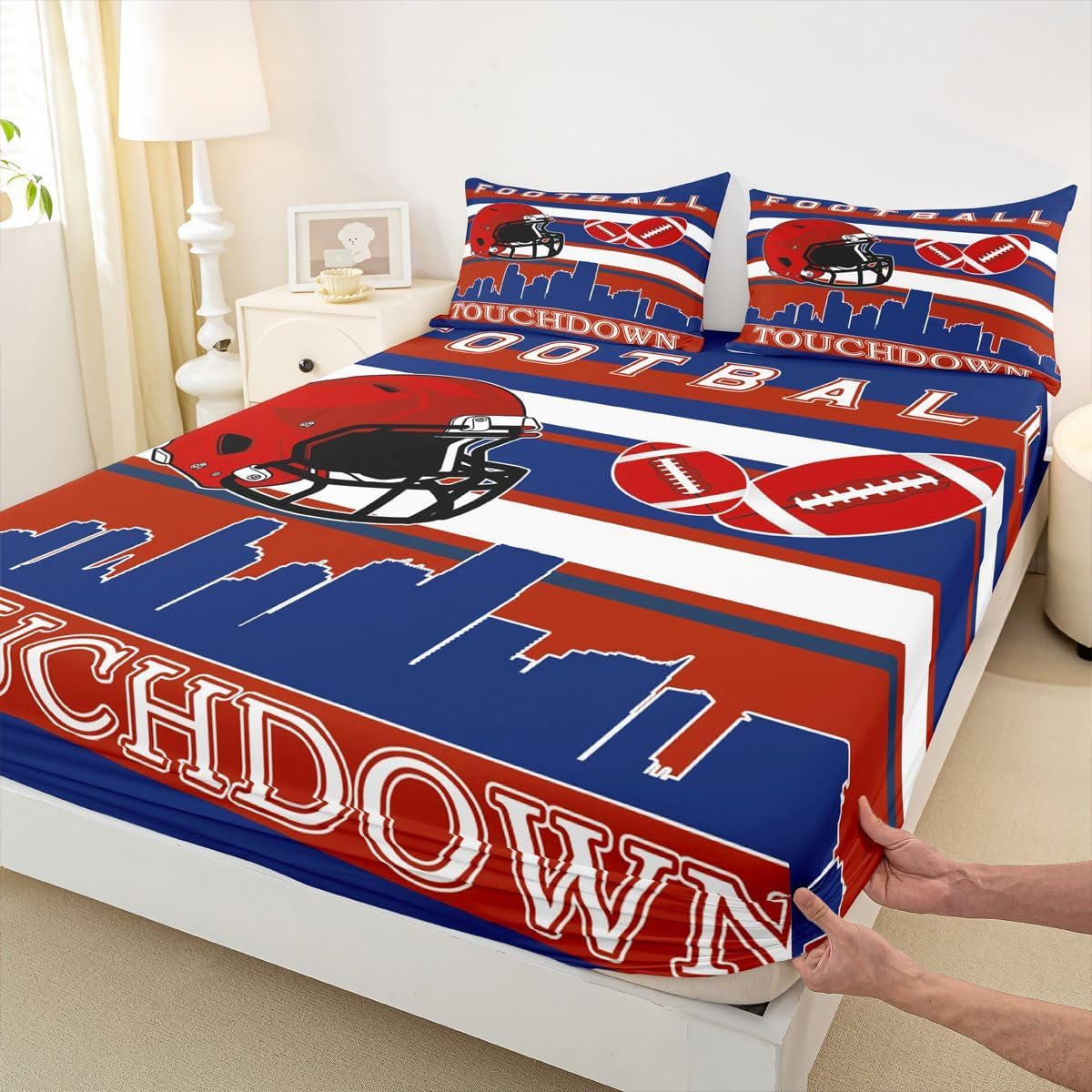 American Sport Football Full Size Fitted Sheet No Top Sheet,Blue Red Rugby Game 3 Pieces Kids Teenager Room Decor Football Pocket 2 Pillowcases