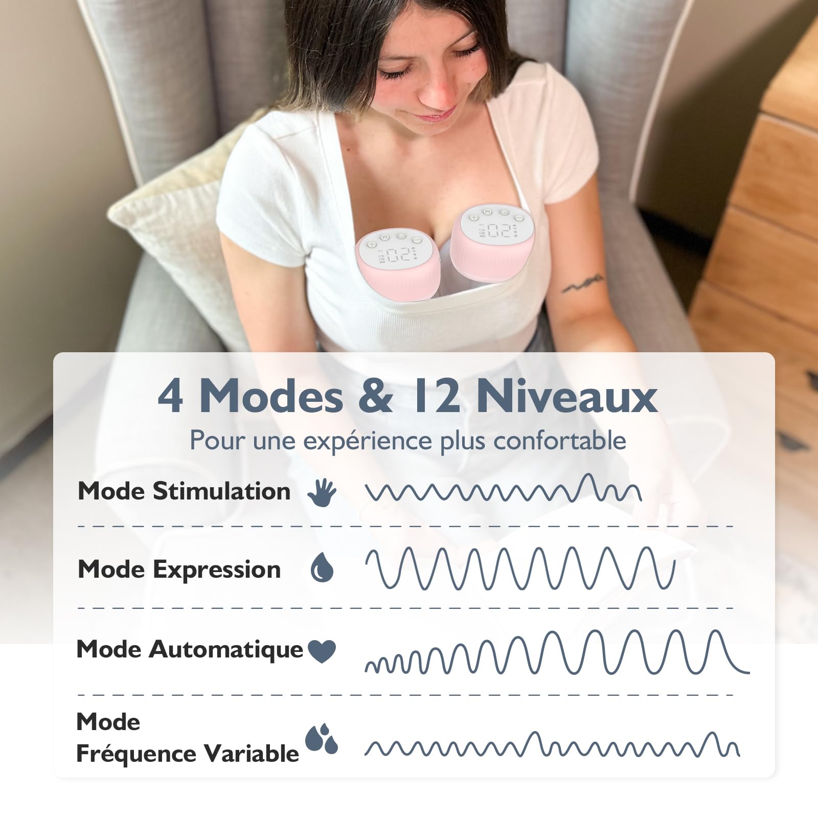 MOMMED Tire Lait Électrique, MY-385 Sans Mains & Portable, 4 Modes & 12 Niveaux, Système Anti-Fuite Hygiénique, 24 mm Double Tire-Lait avec 19 & 21 mm Inserts de Brides, Recharge Rapide, 2 Unité