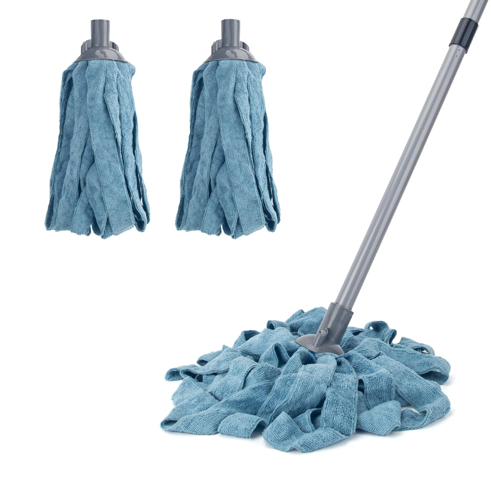 KeFanta Mops for Floor Cleaning,One Mop Handle with Two Blue Microfiber Cloth Mop Head Replacement,String Wet Mop Refills Compatible with 0.8" Diameter Mop Stick(1 Pole & 2 Mop Heads)