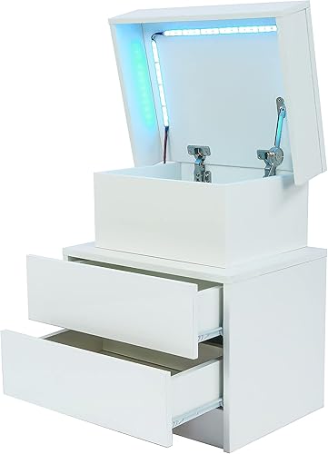 SSLine Mesita de noche LED con 2 cajones modernas mesas de noche blancas de alto brillo con tapa abatible espacio de almacenamiento oculto mesa