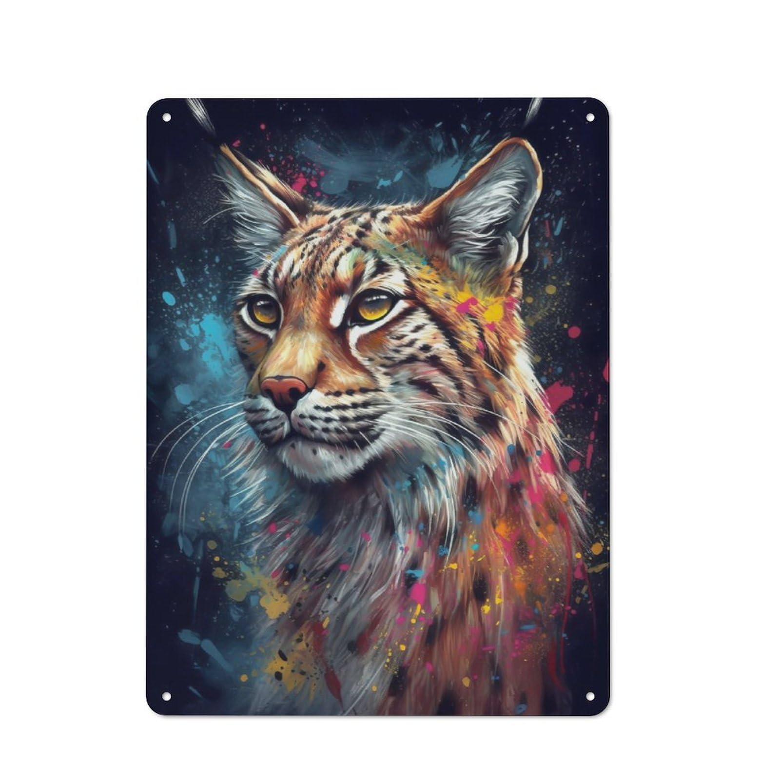 Metal Wall Plaque with Lynx Painting Design 40x30cm, Retro Small Space Decor for Flat, Dorm Room, Lounge Or Cafe