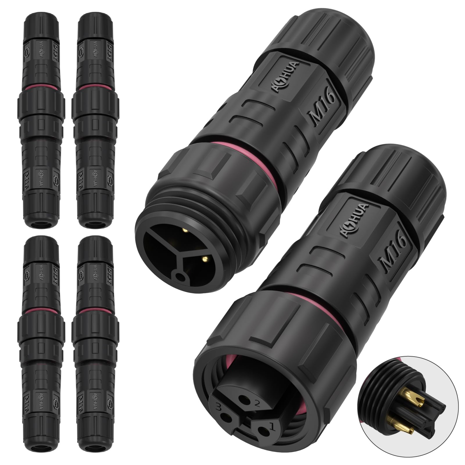 AOHUA M16 Waterproof Connector (5-Pack) - IP68 Junction Box, 3-Pin Male/Female Plug for Ø3.5-7.5mm Wires, 300V/10A Outdoor Electrical Use, UL TUV CE ROHS