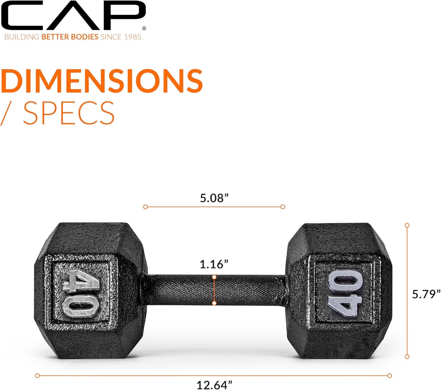 Cap Barbell Black Cast Iron Hex Dumbbell | 5-120 LBs | Single or Pair