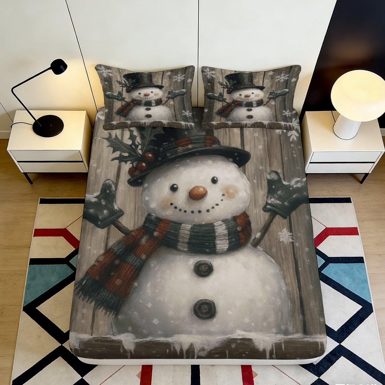 3D Printed Snowman Winter Fitted Sheet Microfiber Soft Breathable Christmas Scene Mattress Cover for Bedroom Guest Room Decor 160x200x25cm