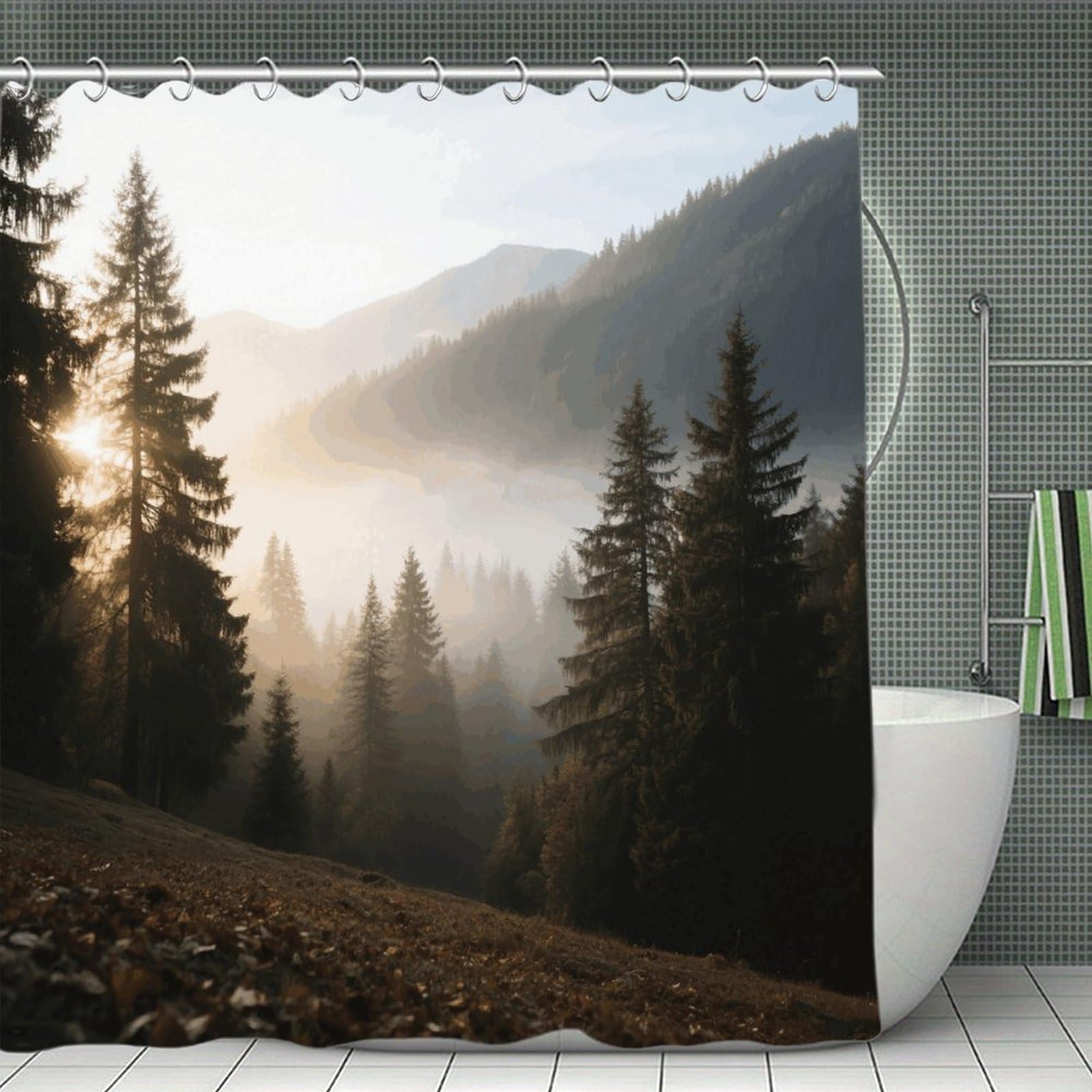 VstaDank Alpine Forest Shower Curtain Waterproof Bathroom Shower Curtain with C Type Hooks Soft Lightweight Shower Curtains Liner Washable Polyester Cloth Shower Liner 71x71 Inch