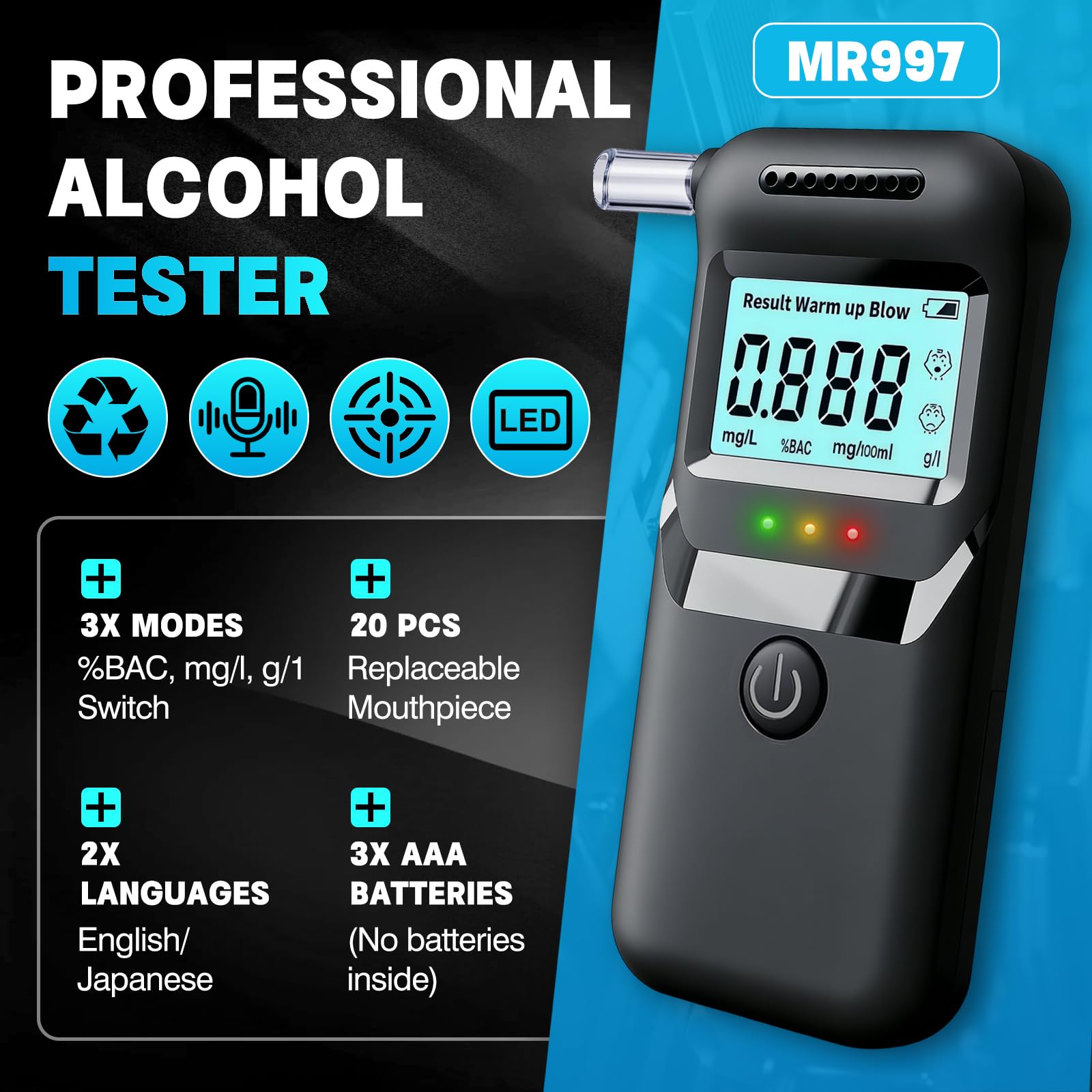 Alcoholimetro Homologado DGT, Test Alcoholemia con Pantalla LCD y 20 Boquillas, con Sensor Rápido, Alcoholímetro Portátil, Alcohol Test de Alta Precisión para Familia Partido